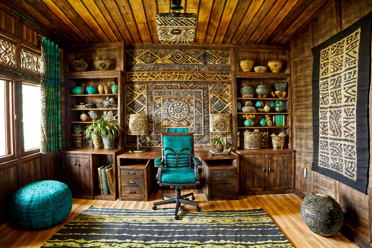 tribal-style (home office interior) with cabinets and plant and computer desk and desk lamp and office chair and cabinets. . with hand dyed batik fabrics and animal furslinen and exuberant splashes of colour and planks of stone and tribal patterns and sculptures and artworks and animal prints and smooth worn timbers. . cinematic photo, highly detailed, cinematic lighting, ultra-detailed, ultrarealistic, photorealism, 8k. tribal interior design style. masterpiece, cinematic light, ultrarealistic+, photorealistic+, 8k, raw photo, realistic, sharp focus on eyes, (symmetrical eyes), (intact eyes), hyperrealistic, highest quality, best quality, , highly detailed, masterpiece, best quality, extremely detailed 8k wallpaper, masterpiece, best quality, ultra-detailed, best shadow, detailed background, detailed face, detailed eyes, high contrast, best illumination, detailed face, dulux, caustic, dynamic angle, detailed glow. dramatic lighting. highly detailed, insanely detailed hair, symmetrical, intricate details, professionally retouched, 8k high definition. strong bokeh. award winning photo.
