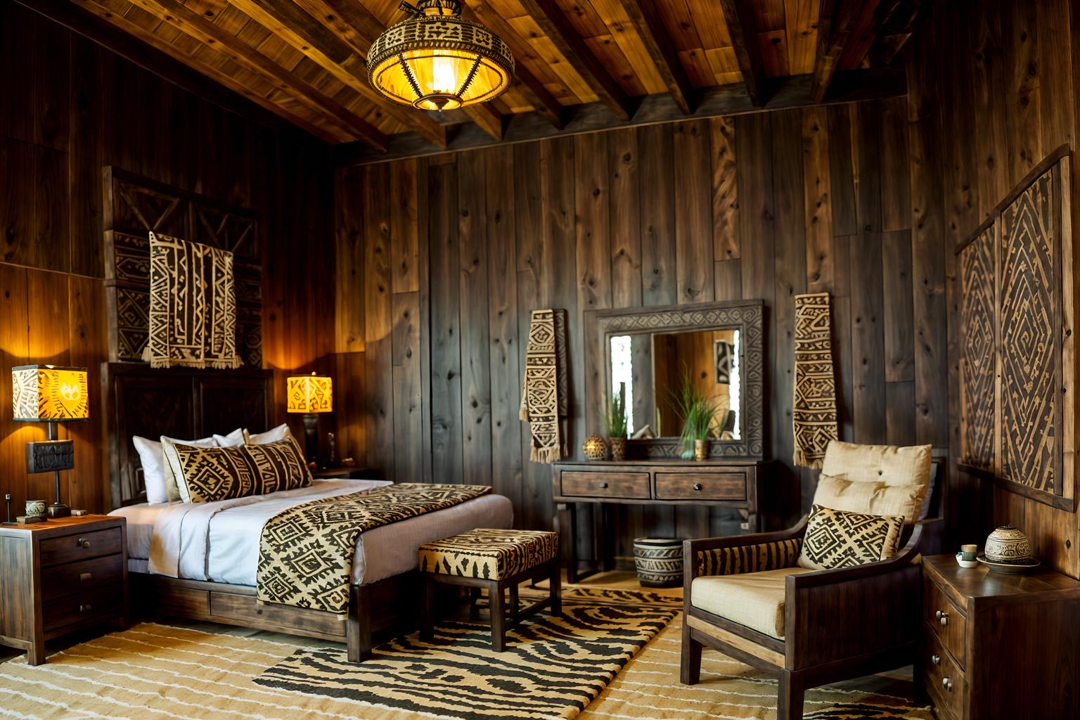 tribal-style (hotel room interior) with accent chair and bedside table or night stand and hotel bathroom and storage bench or ottoman and mirror and working desk with desk chair and dresser closet and night light. . with smooth worn timbers and tribal patterns and planks of stone and animal prints and tribal revival and desert colours and intricate grass weaving and sculptures and artworks. . cinematic photo, highly detailed, cinematic lighting, ultra-detailed, ultrarealistic, photorealism, 8k. tribal interior design style. masterpiece, cinematic light, ultrarealistic+, photorealistic+, 8k, raw photo, realistic, sharp focus on eyes, (symmetrical eyes), (intact eyes), hyperrealistic, highest quality, best quality, , highly detailed, masterpiece, best quality, extremely detailed 8k wallpaper, masterpiece, best quality, ultra-detailed, best shadow, detailed background, detailed face, detailed eyes, high contrast, best illumination, detailed face, dulux, caustic, dynamic angle, detailed glow. dramatic lighting. highly detailed, insanely detailed hair, symmetrical, intricate details, professionally retouched, 8k high definition. strong bokeh. award winning photo.