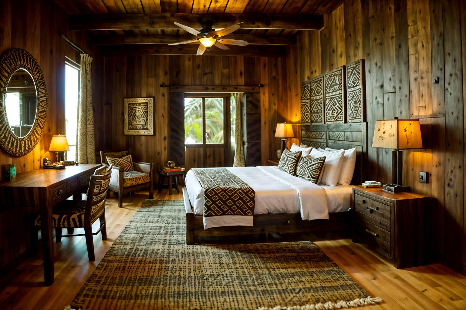tribal-style (hotel room interior) with accent chair and bedside table or night stand and hotel bathroom and storage bench or ottoman and mirror and working desk with desk chair and dresser closet and night light. . with smooth worn timbers and tribal patterns and planks of stone and animal prints and tribal revival and desert colours and intricate grass weaving and sculptures and artworks. . cinematic photo, highly detailed, cinematic lighting, ultra-detailed, ultrarealistic, photorealism, 8k. tribal interior design style. masterpiece, cinematic light, ultrarealistic+, photorealistic+, 8k, raw photo, realistic, sharp focus on eyes, (symmetrical eyes), (intact eyes), hyperrealistic, highest quality, best quality, , highly detailed, masterpiece, best quality, extremely detailed 8k wallpaper, masterpiece, best quality, ultra-detailed, best shadow, detailed background, detailed face, detailed eyes, high contrast, best illumination, detailed face, dulux, caustic, dynamic angle, detailed glow. dramatic lighting. highly detailed, insanely detailed hair, symmetrical, intricate details, professionally retouched, 8k high definition. strong bokeh. award winning photo.