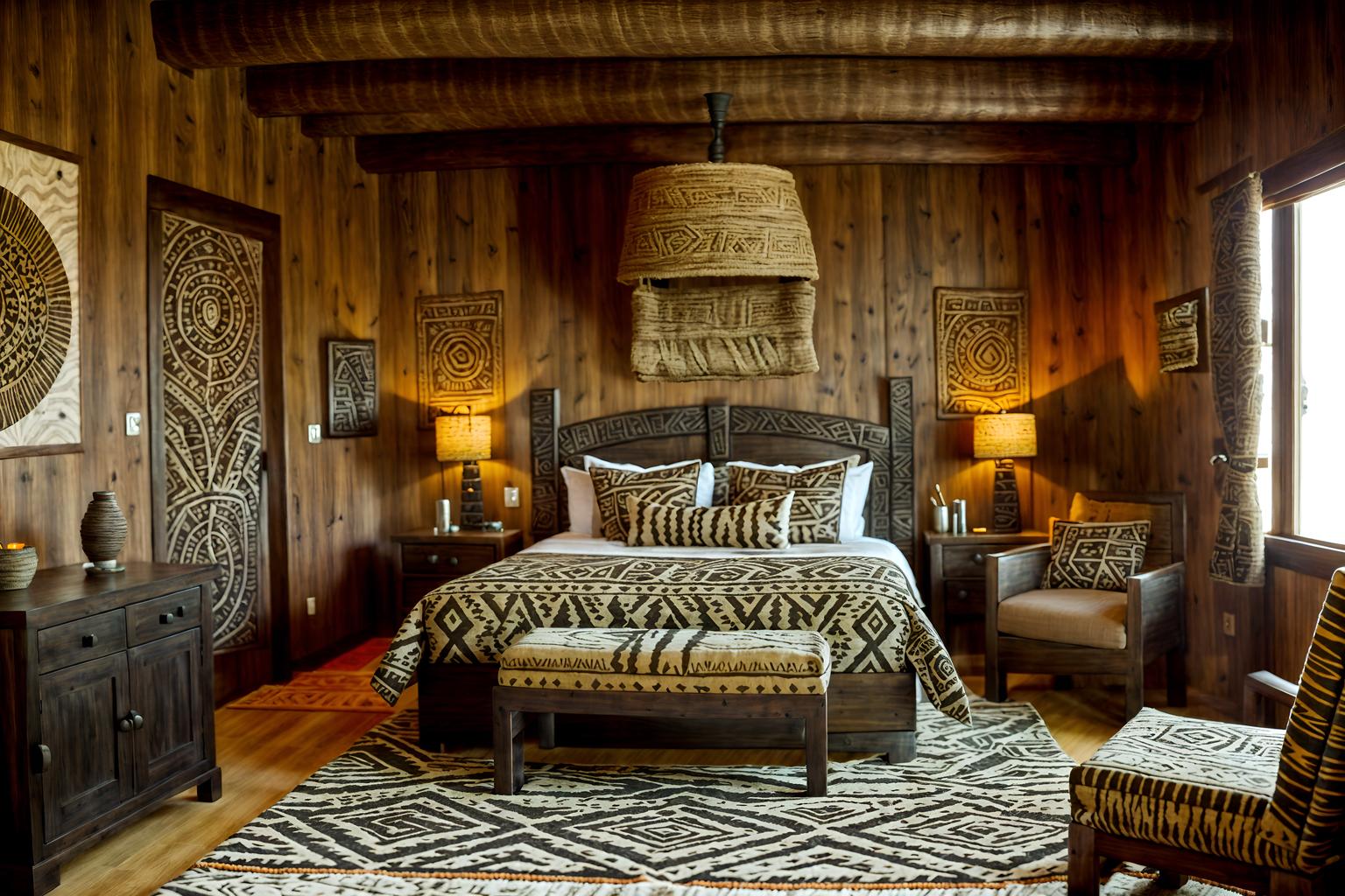 tribal-style (hotel room interior) with accent chair and bedside table or night stand and hotel bathroom and storage bench or ottoman and mirror and working desk with desk chair and dresser closet and night light. . with smooth worn timbers and tribal patterns and planks of stone and animal prints and tribal revival and desert colours and intricate grass weaving and sculptures and artworks. . cinematic photo, highly detailed, cinematic lighting, ultra-detailed, ultrarealistic, photorealism, 8k. tribal interior design style. masterpiece, cinematic light, ultrarealistic+, photorealistic+, 8k, raw photo, realistic, sharp focus on eyes, (symmetrical eyes), (intact eyes), hyperrealistic, highest quality, best quality, , highly detailed, masterpiece, best quality, extremely detailed 8k wallpaper, masterpiece, best quality, ultra-detailed, best shadow, detailed background, detailed face, detailed eyes, high contrast, best illumination, detailed face, dulux, caustic, dynamic angle, detailed glow. dramatic lighting. highly detailed, insanely detailed hair, symmetrical, intricate details, professionally retouched, 8k high definition. strong bokeh. award winning photo.