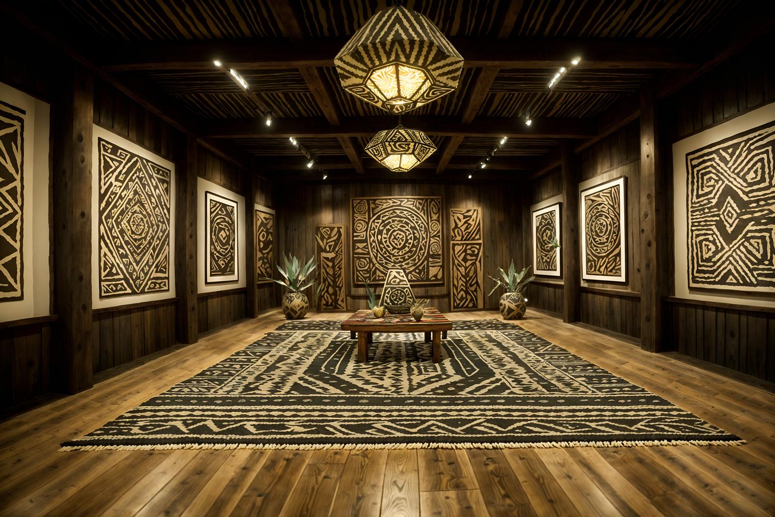 tribal-style (exhibition space interior) . with tribal patterns and sculptures and artworks and tribal revival and desert colours and exuberant splashes of colour and animal prints and planks of stone and intricate grass weaving. . cinematic photo, highly detailed, cinematic lighting, ultra-detailed, ultrarealistic, photorealism, 8k. tribal interior design style. masterpiece, cinematic light, ultrarealistic+, photorealistic+, 8k, raw photo, realistic, sharp focus on eyes, (symmetrical eyes), (intact eyes), hyperrealistic, highest quality, best quality, , highly detailed, masterpiece, best quality, extremely detailed 8k wallpaper, masterpiece, best quality, ultra-detailed, best shadow, detailed background, detailed face, detailed eyes, high contrast, best illumination, detailed face, dulux, caustic, dynamic angle, detailed glow. dramatic lighting. highly detailed, insanely detailed hair, symmetrical, intricate details, professionally retouched, 8k high definition. strong bokeh. award winning photo.