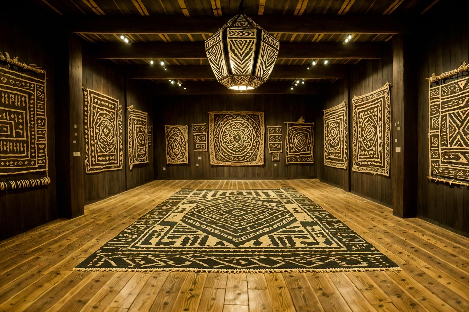 tribal-style (exhibition space interior) . with tribal patterns and sculptures and artworks and tribal revival and desert colours and exuberant splashes of colour and animal prints and planks of stone and intricate grass weaving. . cinematic photo, highly detailed, cinematic lighting, ultra-detailed, ultrarealistic, photorealism, 8k. tribal interior design style. masterpiece, cinematic light, ultrarealistic+, photorealistic+, 8k, raw photo, realistic, sharp focus on eyes, (symmetrical eyes), (intact eyes), hyperrealistic, highest quality, best quality, , highly detailed, masterpiece, best quality, extremely detailed 8k wallpaper, masterpiece, best quality, ultra-detailed, best shadow, detailed background, detailed face, detailed eyes, high contrast, best illumination, detailed face, dulux, caustic, dynamic angle, detailed glow. dramatic lighting. highly detailed, insanely detailed hair, symmetrical, intricate details, professionally retouched, 8k high definition. strong bokeh. award winning photo.