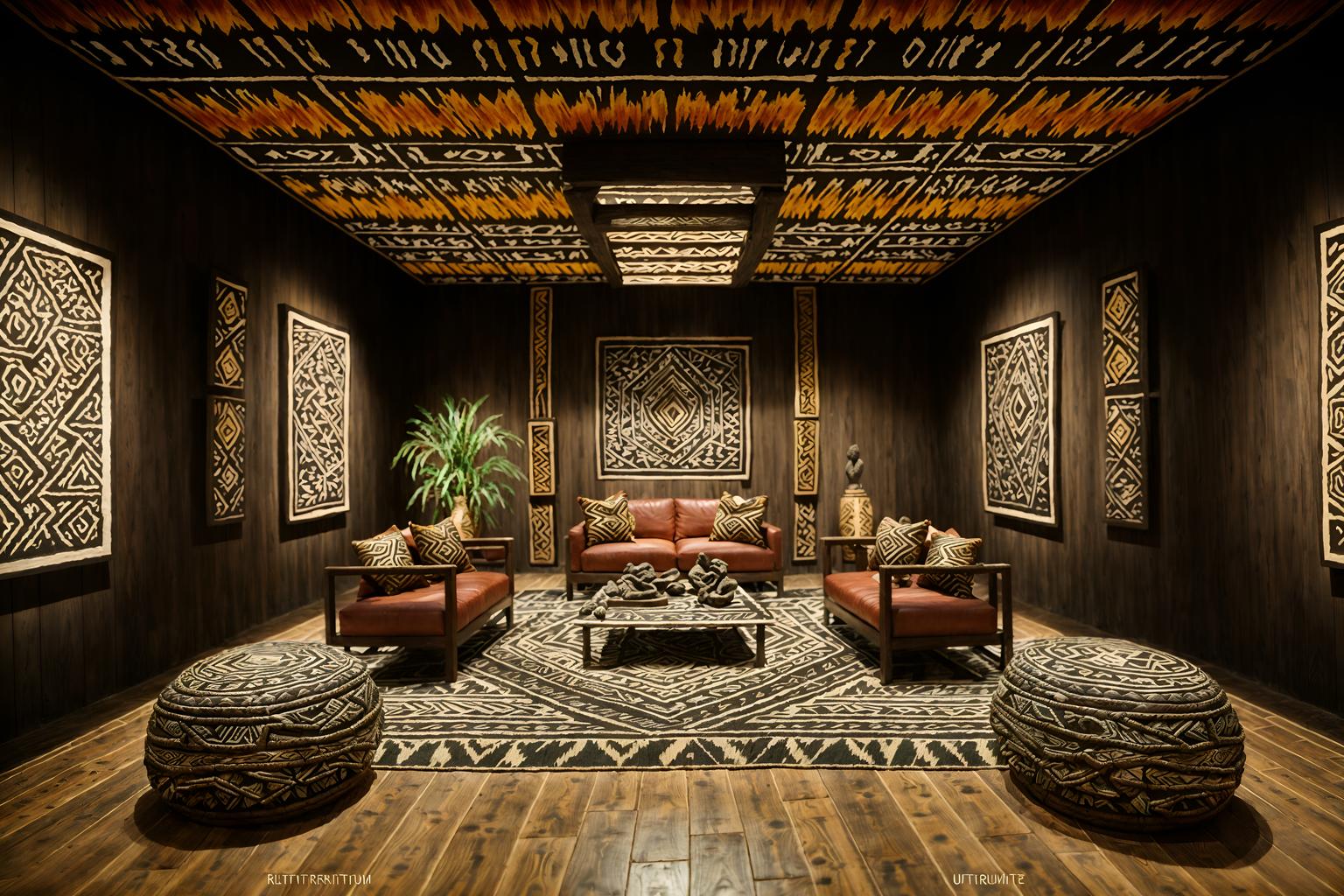 tribal-style (exhibition space interior) . with tribal patterns and sculptures and artworks and tribal revival and desert colours and exuberant splashes of colour and animal prints and planks of stone and intricate grass weaving. . cinematic photo, highly detailed, cinematic lighting, ultra-detailed, ultrarealistic, photorealism, 8k. tribal interior design style. masterpiece, cinematic light, ultrarealistic+, photorealistic+, 8k, raw photo, realistic, sharp focus on eyes, (symmetrical eyes), (intact eyes), hyperrealistic, highest quality, best quality, , highly detailed, masterpiece, best quality, extremely detailed 8k wallpaper, masterpiece, best quality, ultra-detailed, best shadow, detailed background, detailed face, detailed eyes, high contrast, best illumination, detailed face, dulux, caustic, dynamic angle, detailed glow. dramatic lighting. highly detailed, insanely detailed hair, symmetrical, intricate details, professionally retouched, 8k high definition. strong bokeh. award winning photo.