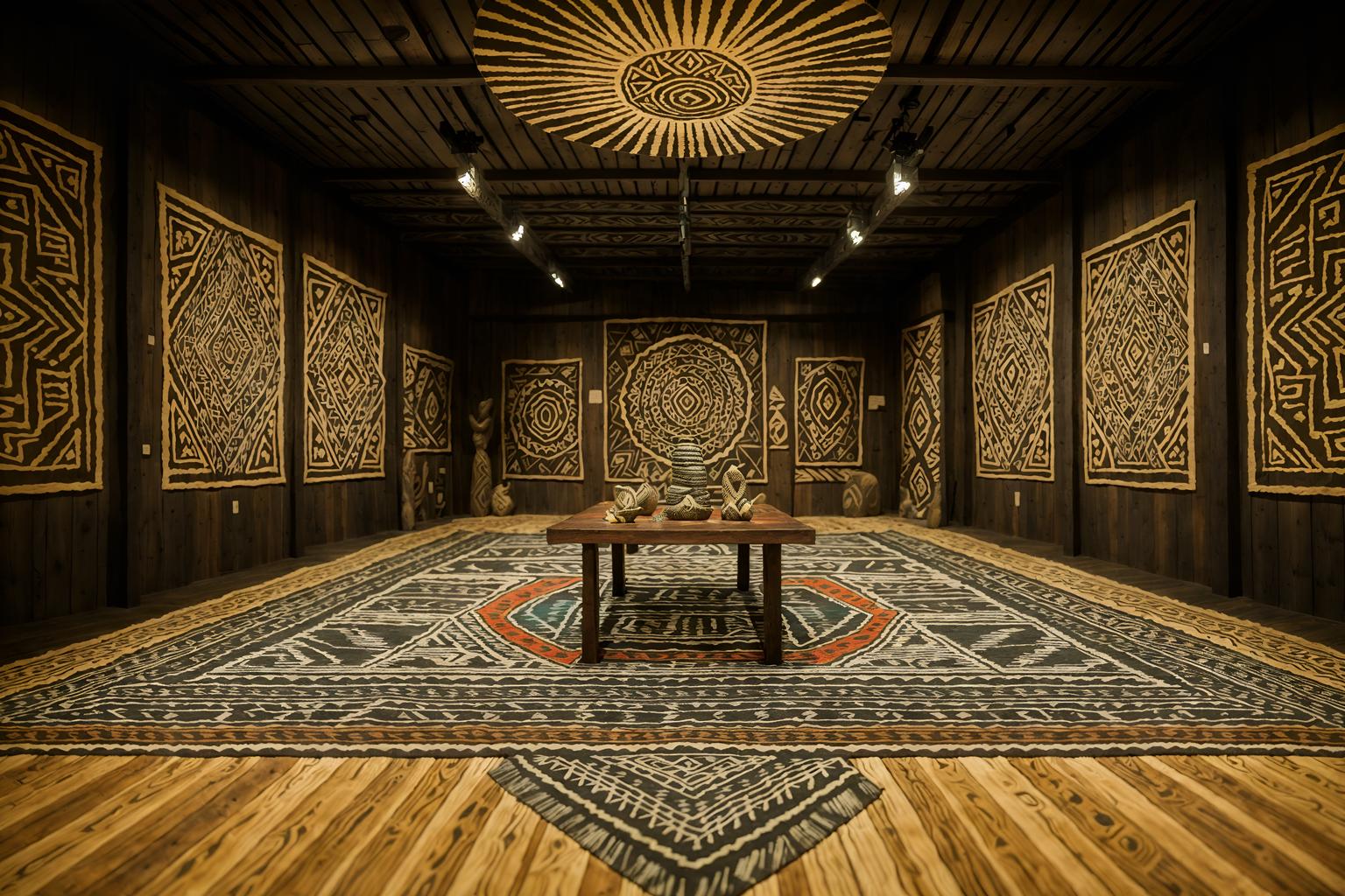 tribal-style (exhibition space interior) . with tribal patterns and sculptures and artworks and tribal revival and desert colours and exuberant splashes of colour and animal prints and planks of stone and intricate grass weaving. . cinematic photo, highly detailed, cinematic lighting, ultra-detailed, ultrarealistic, photorealism, 8k. tribal interior design style. masterpiece, cinematic light, ultrarealistic+, photorealistic+, 8k, raw photo, realistic, sharp focus on eyes, (symmetrical eyes), (intact eyes), hyperrealistic, highest quality, best quality, , highly detailed, masterpiece, best quality, extremely detailed 8k wallpaper, masterpiece, best quality, ultra-detailed, best shadow, detailed background, detailed face, detailed eyes, high contrast, best illumination, detailed face, dulux, caustic, dynamic angle, detailed glow. dramatic lighting. highly detailed, insanely detailed hair, symmetrical, intricate details, professionally retouched, 8k high definition. strong bokeh. award winning photo.