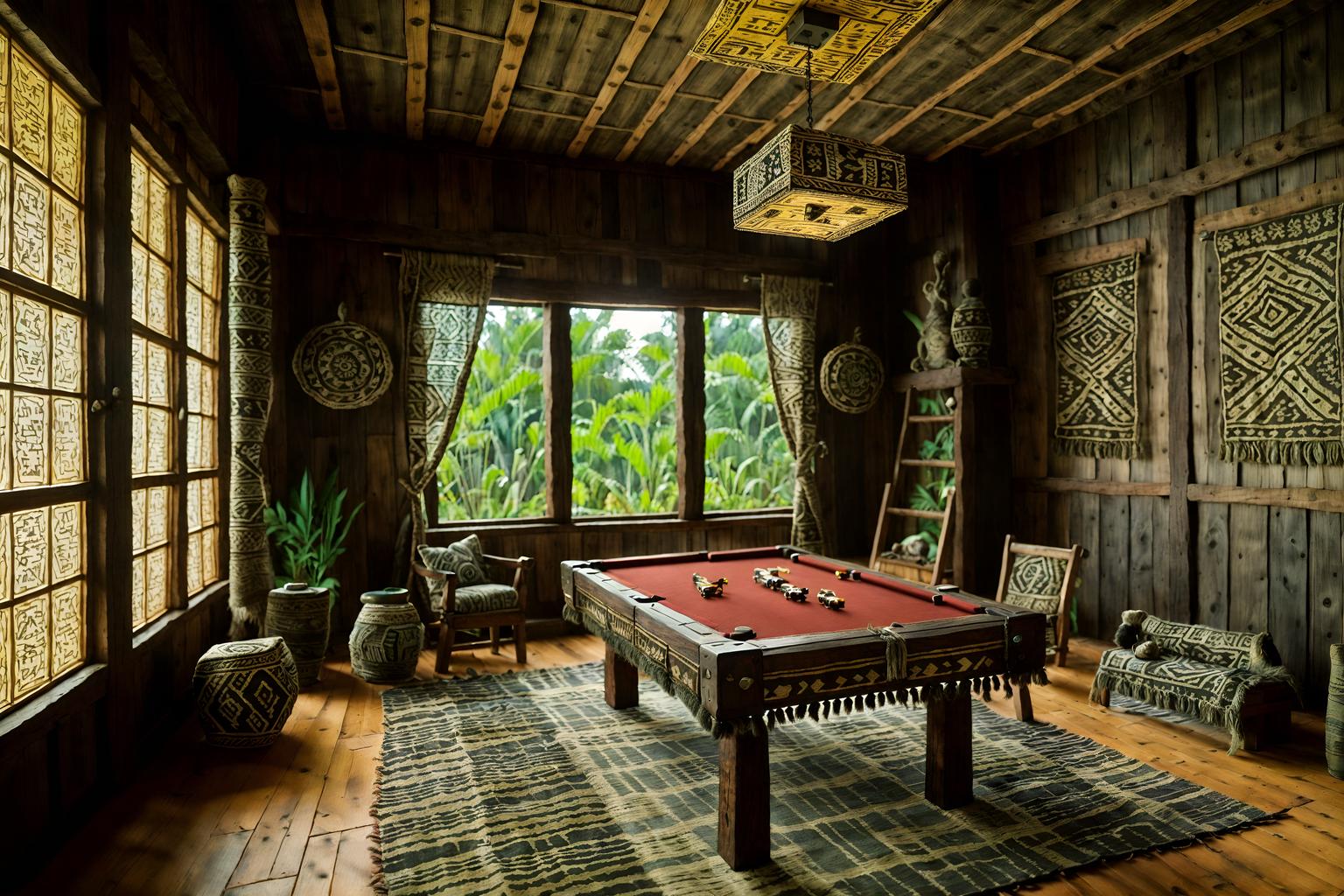 tribal-style (gaming room interior) . with animal prints and intricate grass weaving and animal furslinen and hand dyed batik fabrics and smooth worn timbers and planks of stone and tribal revival and sculptures and artworks. . cinematic photo, highly detailed, cinematic lighting, ultra-detailed, ultrarealistic, photorealism, 8k. tribal interior design style. masterpiece, cinematic light, ultrarealistic+, photorealistic+, 8k, raw photo, realistic, sharp focus on eyes, (symmetrical eyes), (intact eyes), hyperrealistic, highest quality, best quality, , highly detailed, masterpiece, best quality, extremely detailed 8k wallpaper, masterpiece, best quality, ultra-detailed, best shadow, detailed background, detailed face, detailed eyes, high contrast, best illumination, detailed face, dulux, caustic, dynamic angle, detailed glow. dramatic lighting. highly detailed, insanely detailed hair, symmetrical, intricate details, professionally retouched, 8k high definition. strong bokeh. award winning photo.