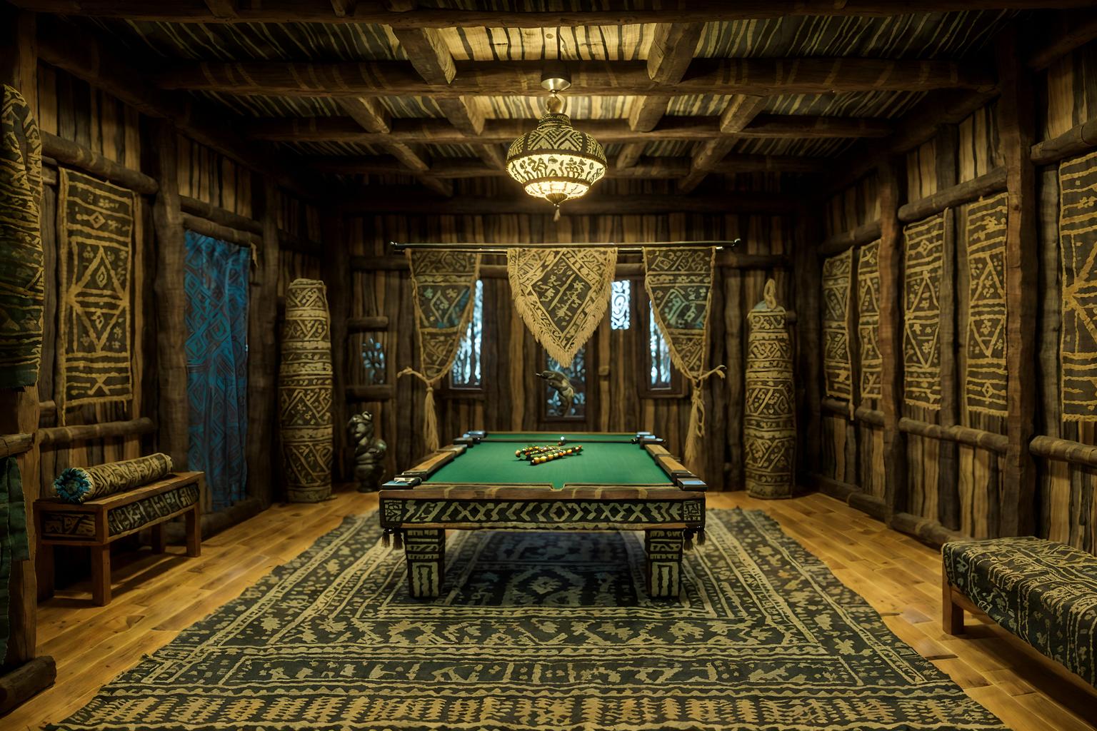 tribal-style (gaming room interior) . with animal prints and intricate grass weaving and animal furslinen and hand dyed batik fabrics and smooth worn timbers and planks of stone and tribal revival and sculptures and artworks. . cinematic photo, highly detailed, cinematic lighting, ultra-detailed, ultrarealistic, photorealism, 8k. tribal interior design style. masterpiece, cinematic light, ultrarealistic+, photorealistic+, 8k, raw photo, realistic, sharp focus on eyes, (symmetrical eyes), (intact eyes), hyperrealistic, highest quality, best quality, , highly detailed, masterpiece, best quality, extremely detailed 8k wallpaper, masterpiece, best quality, ultra-detailed, best shadow, detailed background, detailed face, detailed eyes, high contrast, best illumination, detailed face, dulux, caustic, dynamic angle, detailed glow. dramatic lighting. highly detailed, insanely detailed hair, symmetrical, intricate details, professionally retouched, 8k high definition. strong bokeh. award winning photo.