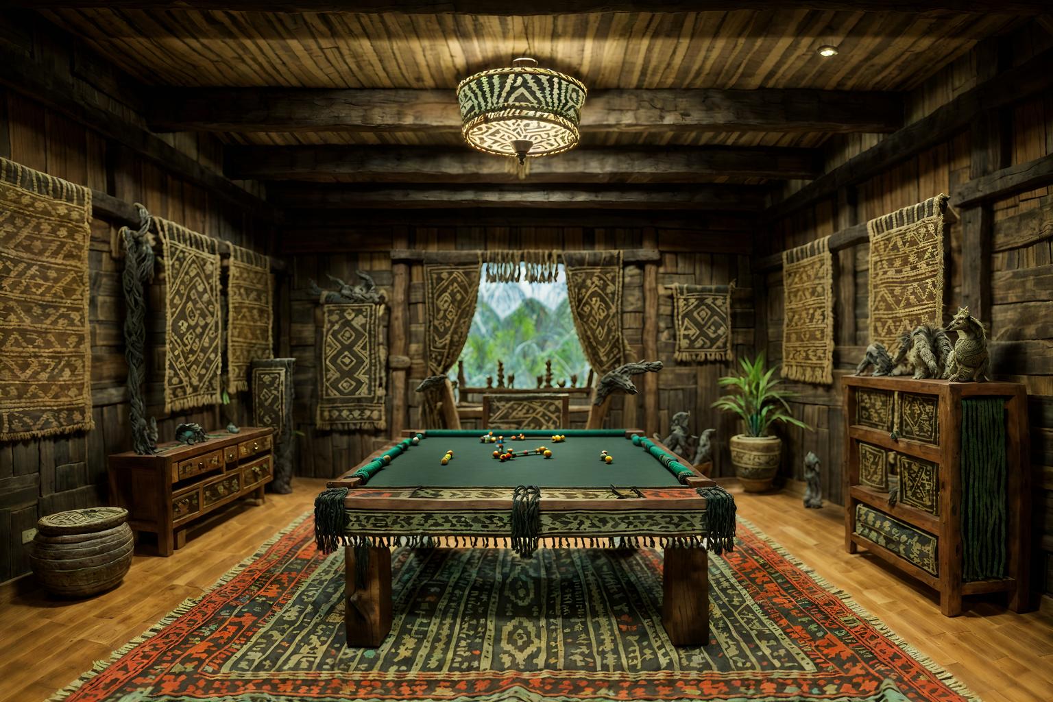 tribal-style (gaming room interior) . with animal prints and intricate grass weaving and animal furslinen and hand dyed batik fabrics and smooth worn timbers and planks of stone and tribal revival and sculptures and artworks. . cinematic photo, highly detailed, cinematic lighting, ultra-detailed, ultrarealistic, photorealism, 8k. tribal interior design style. masterpiece, cinematic light, ultrarealistic+, photorealistic+, 8k, raw photo, realistic, sharp focus on eyes, (symmetrical eyes), (intact eyes), hyperrealistic, highest quality, best quality, , highly detailed, masterpiece, best quality, extremely detailed 8k wallpaper, masterpiece, best quality, ultra-detailed, best shadow, detailed background, detailed face, detailed eyes, high contrast, best illumination, detailed face, dulux, caustic, dynamic angle, detailed glow. dramatic lighting. highly detailed, insanely detailed hair, symmetrical, intricate details, professionally retouched, 8k high definition. strong bokeh. award winning photo.