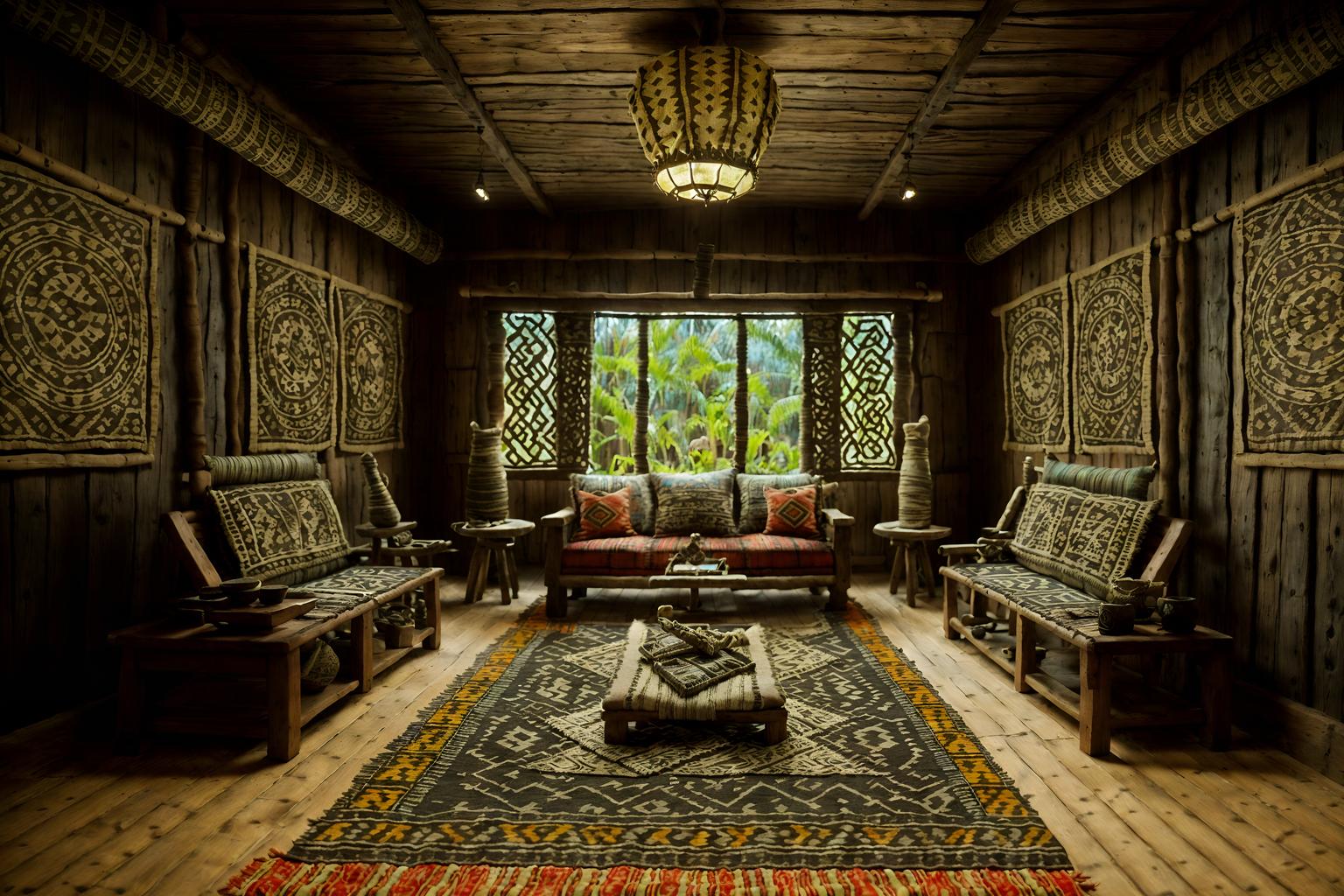 tribal-style (gaming room interior) . with animal prints and intricate grass weaving and animal furslinen and hand dyed batik fabrics and smooth worn timbers and planks of stone and tribal revival and sculptures and artworks. . cinematic photo, highly detailed, cinematic lighting, ultra-detailed, ultrarealistic, photorealism, 8k. tribal interior design style. masterpiece, cinematic light, ultrarealistic+, photorealistic+, 8k, raw photo, realistic, sharp focus on eyes, (symmetrical eyes), (intact eyes), hyperrealistic, highest quality, best quality, , highly detailed, masterpiece, best quality, extremely detailed 8k wallpaper, masterpiece, best quality, ultra-detailed, best shadow, detailed background, detailed face, detailed eyes, high contrast, best illumination, detailed face, dulux, caustic, dynamic angle, detailed glow. dramatic lighting. highly detailed, insanely detailed hair, symmetrical, intricate details, professionally retouched, 8k high definition. strong bokeh. award winning photo.