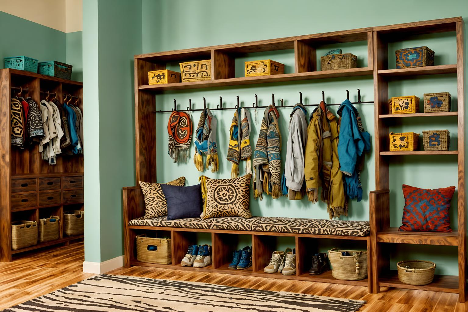 tribal-style (drop zone interior) with storage baskets and shelves for shoes and cubbies and a bench and lockers and cabinets and high up storage and wall hooks for coats. . with smooth worn timbers and animal furslinen and exuberant splashes of colour and planks of stone and animal prints and desert colours and tribal patterns and sculptures and artworks. . cinematic photo, highly detailed, cinematic lighting, ultra-detailed, ultrarealistic, photorealism, 8k. tribal interior design style. masterpiece, cinematic light, ultrarealistic+, photorealistic+, 8k, raw photo, realistic, sharp focus on eyes, (symmetrical eyes), (intact eyes), hyperrealistic, highest quality, best quality, , highly detailed, masterpiece, best quality, extremely detailed 8k wallpaper, masterpiece, best quality, ultra-detailed, best shadow, detailed background, detailed face, detailed eyes, high contrast, best illumination, detailed face, dulux, caustic, dynamic angle, detailed glow. dramatic lighting. highly detailed, insanely detailed hair, symmetrical, intricate details, professionally retouched, 8k high definition. strong bokeh. award winning photo.