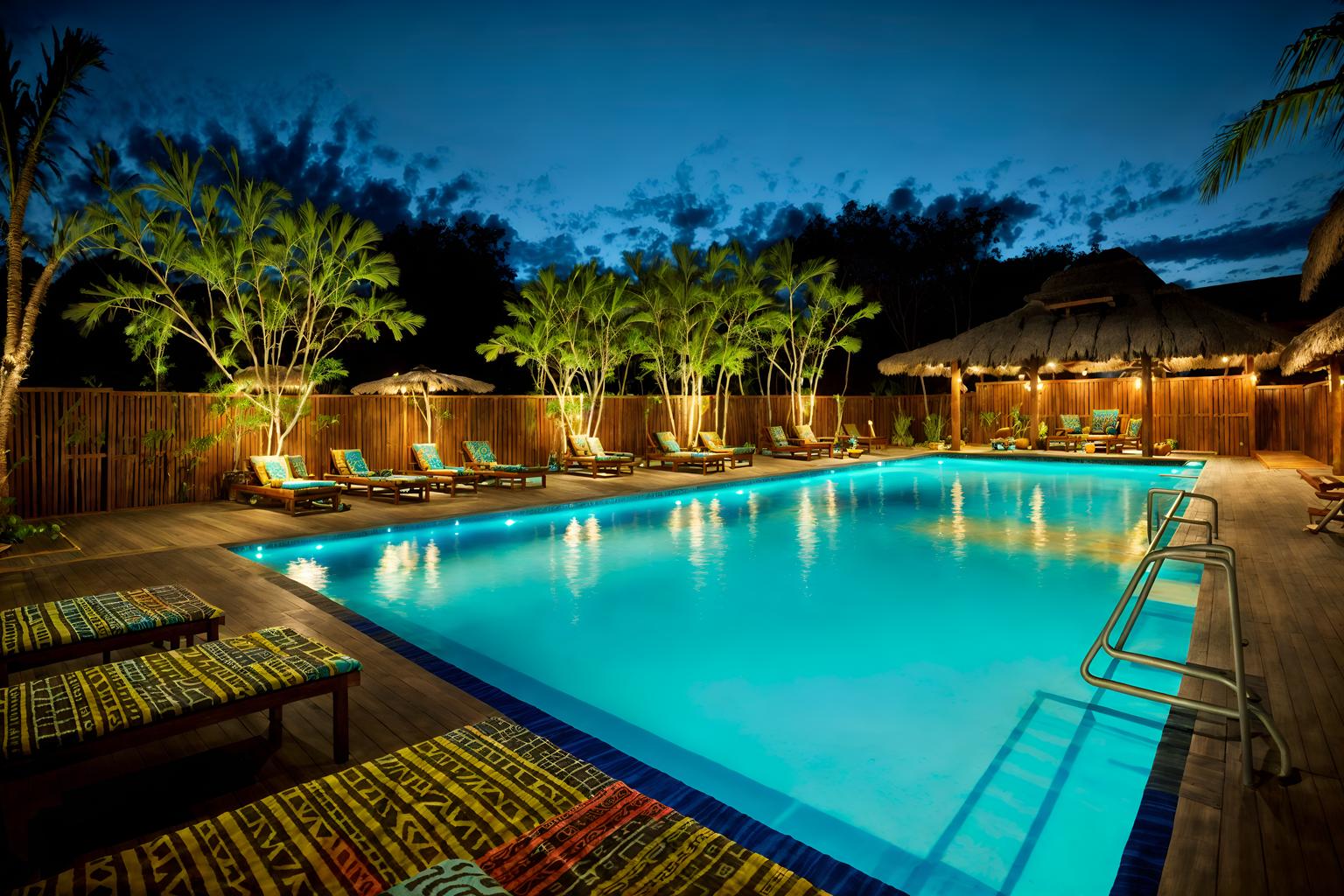 tribal-style designed (outdoor pool area ) with pool and pool lounge chairs and pool lights and pool. . with tribal patterns and animal furslinen and smooth worn timbers and planks of stone and hand dyed batik fabrics and exuberant splashes of colour and sculptures and artworks and animal prints. . cinematic photo, highly detailed, cinematic lighting, ultra-detailed, ultrarealistic, photorealism, 8k. tribal design style. masterpiece, cinematic light, ultrarealistic+, photorealistic+, 8k, raw photo, realistic, sharp focus on eyes, (symmetrical eyes), (intact eyes), hyperrealistic, highest quality, best quality, , highly detailed, masterpiece, best quality, extremely detailed 8k wallpaper, masterpiece, best quality, ultra-detailed, best shadow, detailed background, detailed face, detailed eyes, high contrast, best illumination, detailed face, dulux, caustic, dynamic angle, detailed glow. dramatic lighting. highly detailed, insanely detailed hair, symmetrical, intricate details, professionally retouched, 8k high definition. strong bokeh. award winning photo.