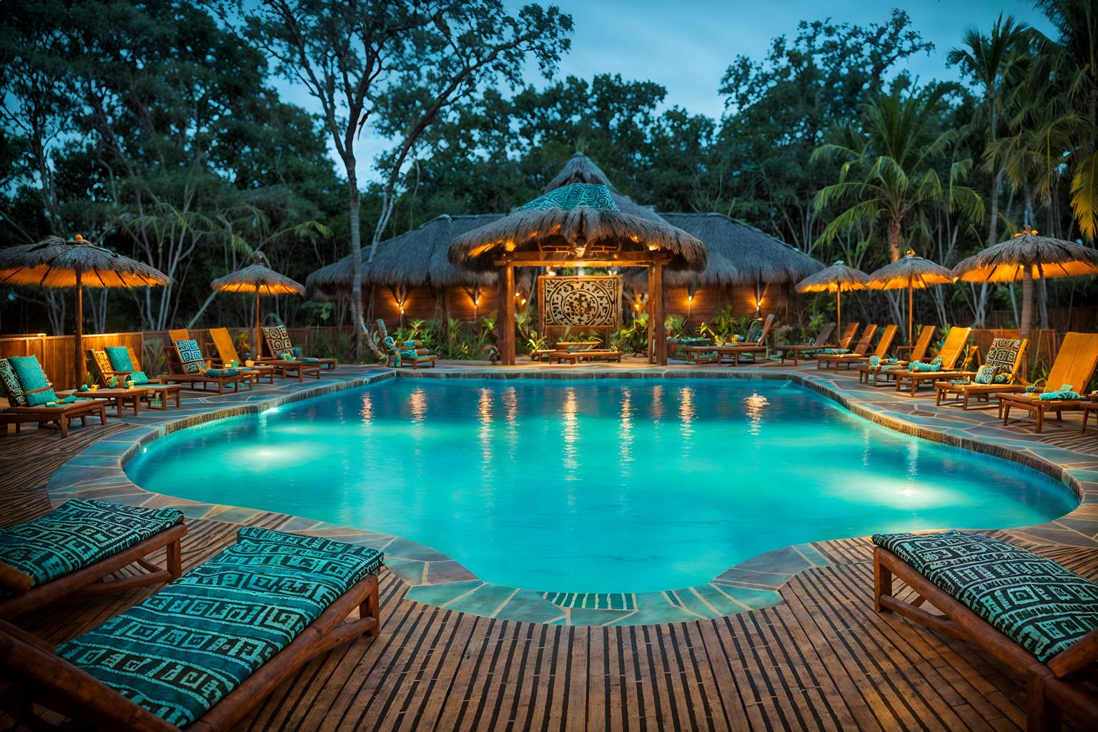 tribal-style designed (outdoor pool area ) with pool and pool lounge chairs and pool lights and pool. . with tribal patterns and animal furslinen and smooth worn timbers and planks of stone and hand dyed batik fabrics and exuberant splashes of colour and sculptures and artworks and animal prints. . cinematic photo, highly detailed, cinematic lighting, ultra-detailed, ultrarealistic, photorealism, 8k. tribal design style. masterpiece, cinematic light, ultrarealistic+, photorealistic+, 8k, raw photo, realistic, sharp focus on eyes, (symmetrical eyes), (intact eyes), hyperrealistic, highest quality, best quality, , highly detailed, masterpiece, best quality, extremely detailed 8k wallpaper, masterpiece, best quality, ultra-detailed, best shadow, detailed background, detailed face, detailed eyes, high contrast, best illumination, detailed face, dulux, caustic, dynamic angle, detailed glow. dramatic lighting. highly detailed, insanely detailed hair, symmetrical, intricate details, professionally retouched, 8k high definition. strong bokeh. award winning photo.