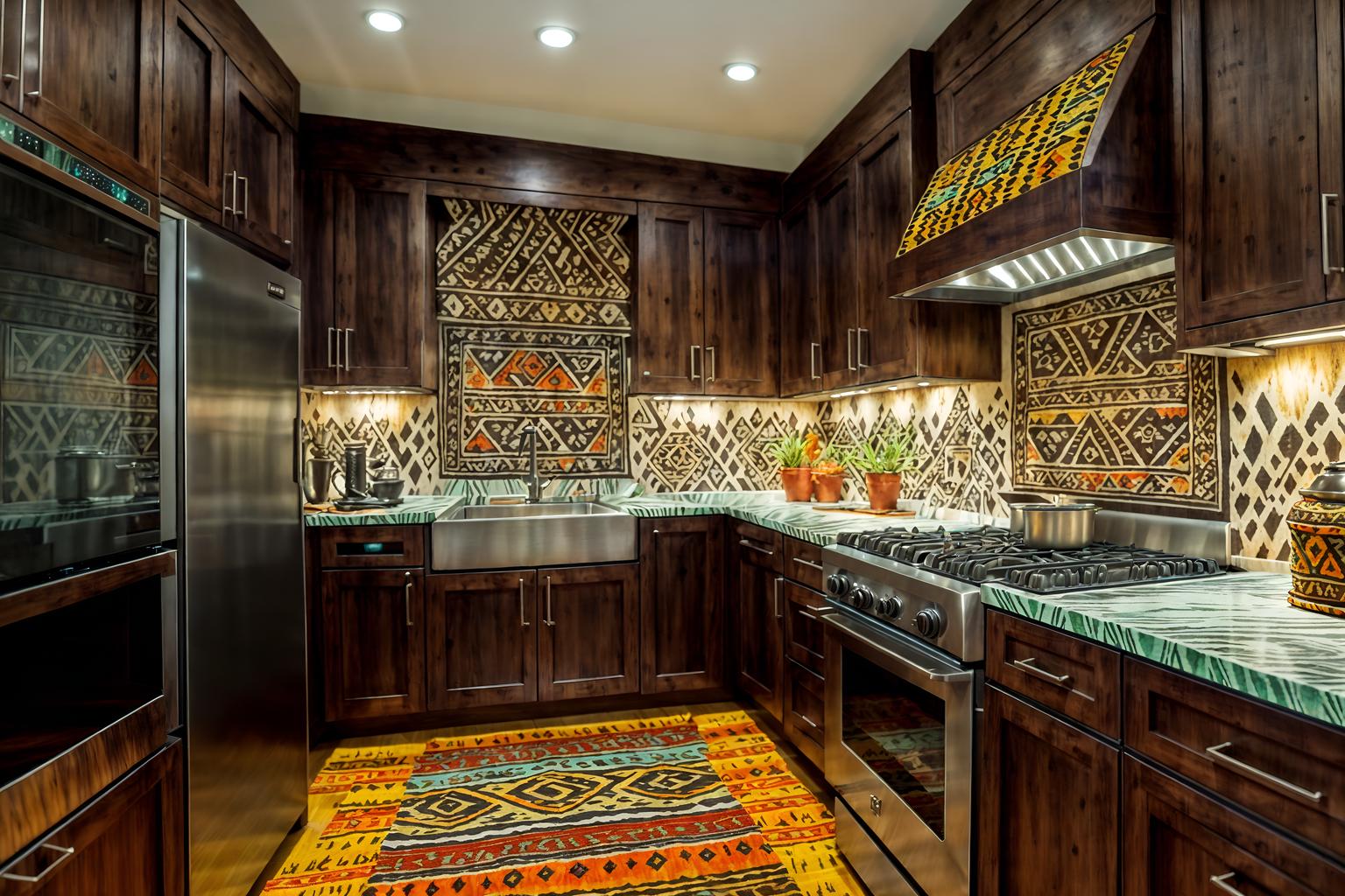 tribal-style (kitchen interior) with refrigerator and plant and kitchen cabinets and worktops and stove and sink and refrigerator. . with animal furslinen and exuberant splashes of colour and desert colours and tribal patterns and animal prints and tribal revival and sculptures and artworks and planks of stone. . cinematic photo, highly detailed, cinematic lighting, ultra-detailed, ultrarealistic, photorealism, 8k. tribal interior design style. masterpiece, cinematic light, ultrarealistic+, photorealistic+, 8k, raw photo, realistic, sharp focus on eyes, (symmetrical eyes), (intact eyes), hyperrealistic, highest quality, best quality, , highly detailed, masterpiece, best quality, extremely detailed 8k wallpaper, masterpiece, best quality, ultra-detailed, best shadow, detailed background, detailed face, detailed eyes, high contrast, best illumination, detailed face, dulux, caustic, dynamic angle, detailed glow. dramatic lighting. highly detailed, insanely detailed hair, symmetrical, intricate details, professionally retouched, 8k high definition. strong bokeh. award winning photo.