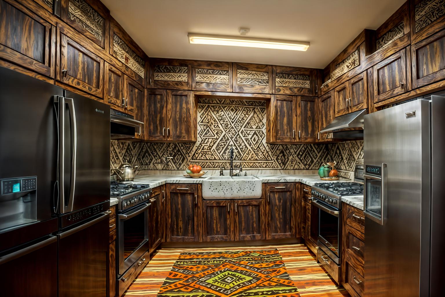 tribal-style (kitchen interior) with refrigerator and plant and kitchen cabinets and worktops and stove and sink and refrigerator. . with animal furslinen and exuberant splashes of colour and desert colours and tribal patterns and animal prints and tribal revival and sculptures and artworks and planks of stone. . cinematic photo, highly detailed, cinematic lighting, ultra-detailed, ultrarealistic, photorealism, 8k. tribal interior design style. masterpiece, cinematic light, ultrarealistic+, photorealistic+, 8k, raw photo, realistic, sharp focus on eyes, (symmetrical eyes), (intact eyes), hyperrealistic, highest quality, best quality, , highly detailed, masterpiece, best quality, extremely detailed 8k wallpaper, masterpiece, best quality, ultra-detailed, best shadow, detailed background, detailed face, detailed eyes, high contrast, best illumination, detailed face, dulux, caustic, dynamic angle, detailed glow. dramatic lighting. highly detailed, insanely detailed hair, symmetrical, intricate details, professionally retouched, 8k high definition. strong bokeh. award winning photo.