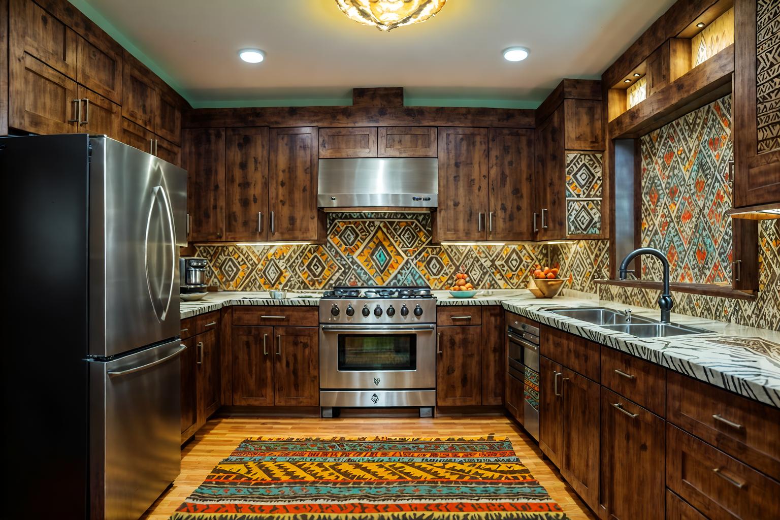 tribal-style (kitchen interior) with refrigerator and plant and kitchen cabinets and worktops and stove and sink and refrigerator. . with animal furslinen and exuberant splashes of colour and desert colours and tribal patterns and animal prints and tribal revival and sculptures and artworks and planks of stone. . cinematic photo, highly detailed, cinematic lighting, ultra-detailed, ultrarealistic, photorealism, 8k. tribal interior design style. masterpiece, cinematic light, ultrarealistic+, photorealistic+, 8k, raw photo, realistic, sharp focus on eyes, (symmetrical eyes), (intact eyes), hyperrealistic, highest quality, best quality, , highly detailed, masterpiece, best quality, extremely detailed 8k wallpaper, masterpiece, best quality, ultra-detailed, best shadow, detailed background, detailed face, detailed eyes, high contrast, best illumination, detailed face, dulux, caustic, dynamic angle, detailed glow. dramatic lighting. highly detailed, insanely detailed hair, symmetrical, intricate details, professionally retouched, 8k high definition. strong bokeh. award winning photo.