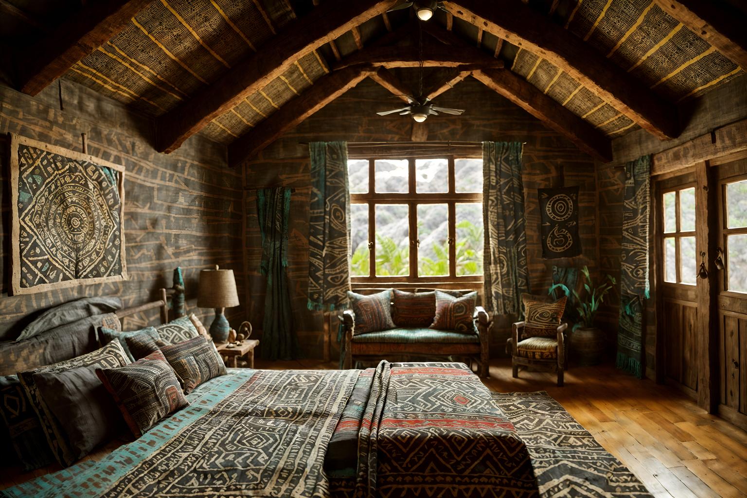 tribal-style (attic interior) . with sculptures and artworks and tribal revival and exuberant splashes of colour and animal prints and smooth worn timbers and hand dyed batik fabrics and animal furslinen and desert colours. . cinematic photo, highly detailed, cinematic lighting, ultra-detailed, ultrarealistic, photorealism, 8k. tribal interior design style. masterpiece, cinematic light, ultrarealistic+, photorealistic+, 8k, raw photo, realistic, sharp focus on eyes, (symmetrical eyes), (intact eyes), hyperrealistic, highest quality, best quality, , highly detailed, masterpiece, best quality, extremely detailed 8k wallpaper, masterpiece, best quality, ultra-detailed, best shadow, detailed background, detailed face, detailed eyes, high contrast, best illumination, detailed face, dulux, caustic, dynamic angle, detailed glow. dramatic lighting. highly detailed, insanely detailed hair, symmetrical, intricate details, professionally retouched, 8k high definition. strong bokeh. award winning photo.