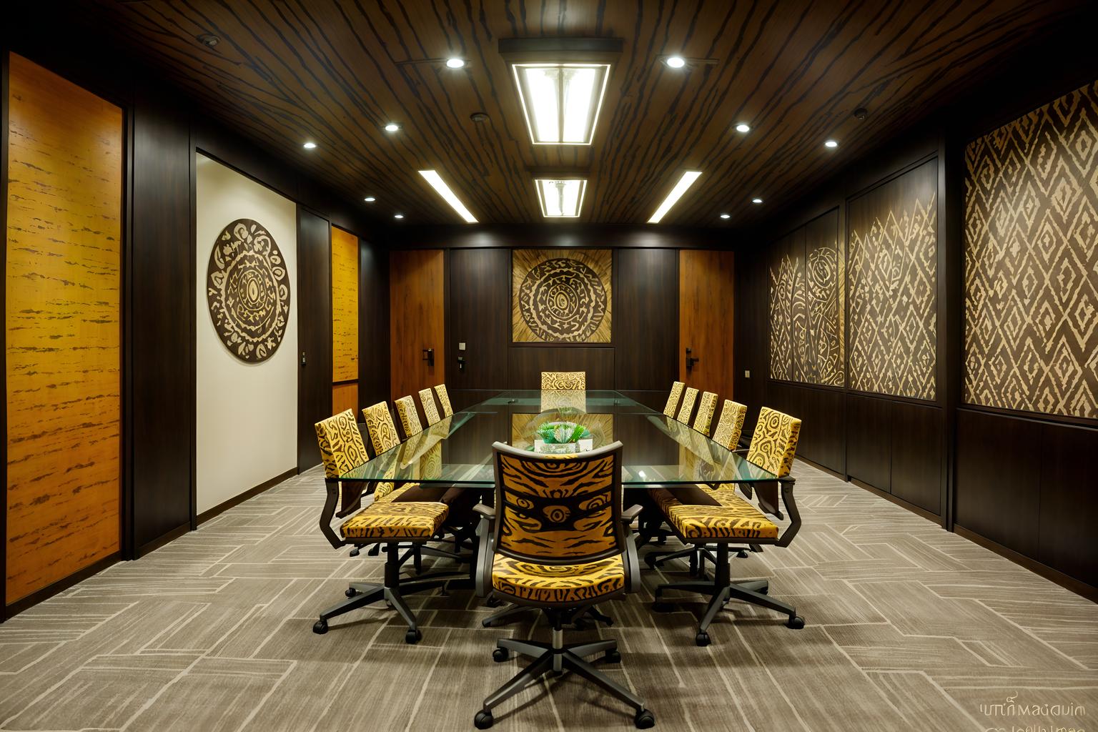 tribal-style (meeting room interior) with glass doors and vase and glass walls and boardroom table and painting or photo on wall and plant and office chairs and cabinets. . with animal prints and tribal patterns and animal furslinen and tribal revival and exuberant splashes of colour and planks of stone and desert colours and smooth worn timbers. . cinematic photo, highly detailed, cinematic lighting, ultra-detailed, ultrarealistic, photorealism, 8k. tribal interior design style. masterpiece, cinematic light, ultrarealistic+, photorealistic+, 8k, raw photo, realistic, sharp focus on eyes, (symmetrical eyes), (intact eyes), hyperrealistic, highest quality, best quality, , highly detailed, masterpiece, best quality, extremely detailed 8k wallpaper, masterpiece, best quality, ultra-detailed, best shadow, detailed background, detailed face, detailed eyes, high contrast, best illumination, detailed face, dulux, caustic, dynamic angle, detailed glow. dramatic lighting. highly detailed, insanely detailed hair, symmetrical, intricate details, professionally retouched, 8k high definition. strong bokeh. award winning photo.