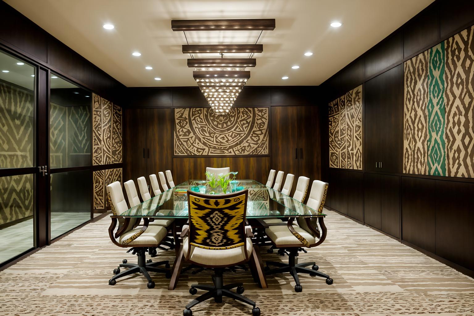 tribal-style (meeting room interior) with glass doors and vase and glass walls and boardroom table and painting or photo on wall and plant and office chairs and cabinets. . with animal prints and tribal patterns and animal furslinen and tribal revival and exuberant splashes of colour and planks of stone and desert colours and smooth worn timbers. . cinematic photo, highly detailed, cinematic lighting, ultra-detailed, ultrarealistic, photorealism, 8k. tribal interior design style. masterpiece, cinematic light, ultrarealistic+, photorealistic+, 8k, raw photo, realistic, sharp focus on eyes, (symmetrical eyes), (intact eyes), hyperrealistic, highest quality, best quality, , highly detailed, masterpiece, best quality, extremely detailed 8k wallpaper, masterpiece, best quality, ultra-detailed, best shadow, detailed background, detailed face, detailed eyes, high contrast, best illumination, detailed face, dulux, caustic, dynamic angle, detailed glow. dramatic lighting. highly detailed, insanely detailed hair, symmetrical, intricate details, professionally retouched, 8k high definition. strong bokeh. award winning photo.