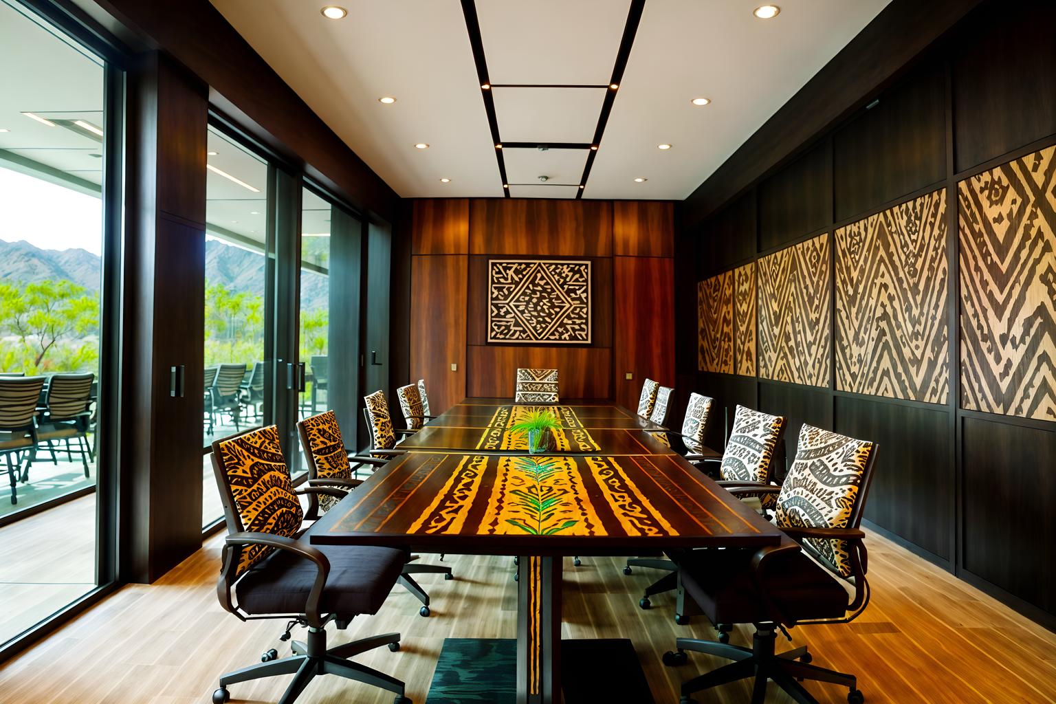 tribal-style (meeting room interior) with glass doors and vase and glass walls and boardroom table and painting or photo on wall and plant and office chairs and cabinets. . with animal prints and tribal patterns and animal furslinen and tribal revival and exuberant splashes of colour and planks of stone and desert colours and smooth worn timbers. . cinematic photo, highly detailed, cinematic lighting, ultra-detailed, ultrarealistic, photorealism, 8k. tribal interior design style. masterpiece, cinematic light, ultrarealistic+, photorealistic+, 8k, raw photo, realistic, sharp focus on eyes, (symmetrical eyes), (intact eyes), hyperrealistic, highest quality, best quality, , highly detailed, masterpiece, best quality, extremely detailed 8k wallpaper, masterpiece, best quality, ultra-detailed, best shadow, detailed background, detailed face, detailed eyes, high contrast, best illumination, detailed face, dulux, caustic, dynamic angle, detailed glow. dramatic lighting. highly detailed, insanely detailed hair, symmetrical, intricate details, professionally retouched, 8k high definition. strong bokeh. award winning photo.