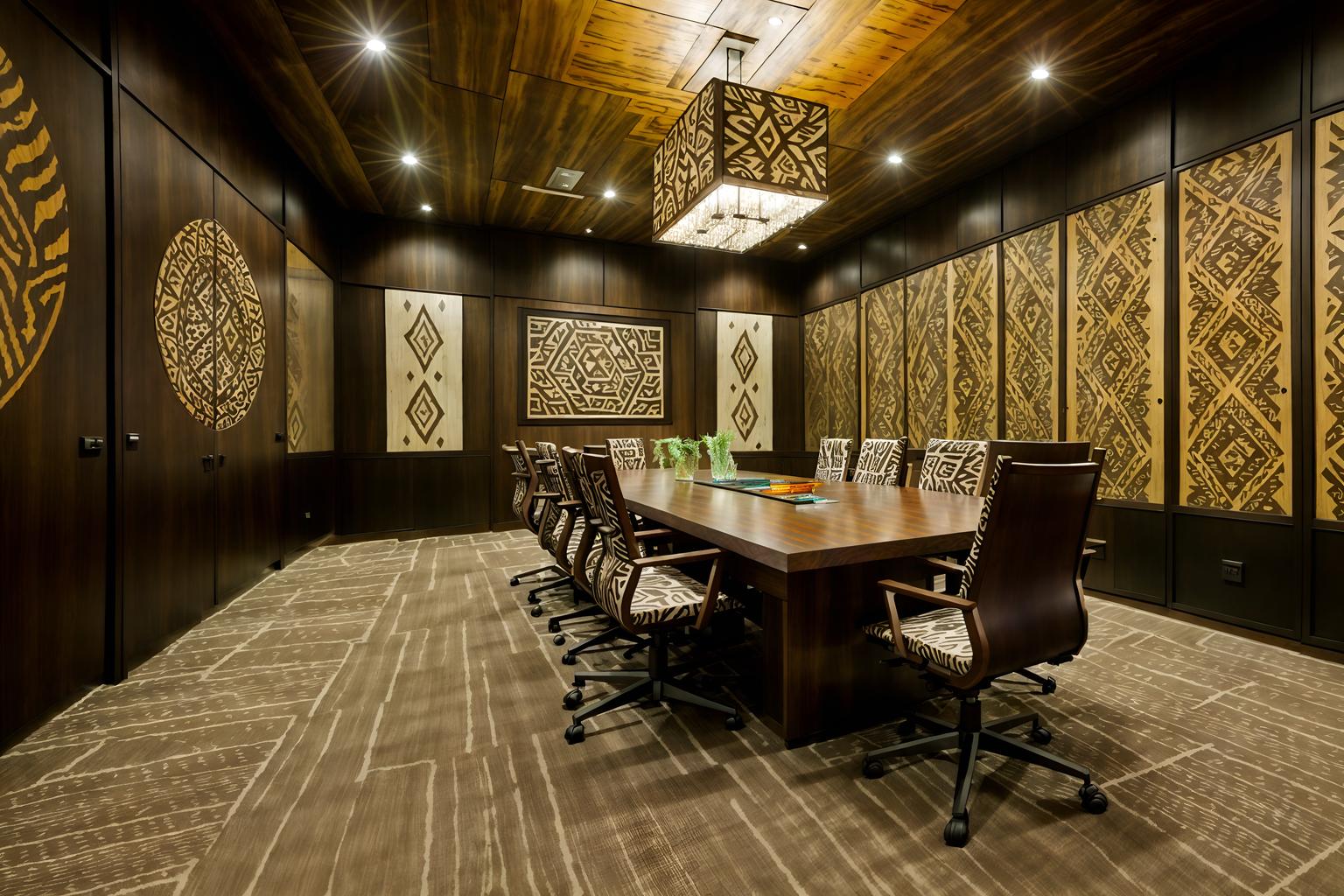 tribal-style (meeting room interior) with glass doors and vase and glass walls and boardroom table and painting or photo on wall and plant and office chairs and cabinets. . with animal prints and tribal patterns and animal furslinen and tribal revival and exuberant splashes of colour and planks of stone and desert colours and smooth worn timbers. . cinematic photo, highly detailed, cinematic lighting, ultra-detailed, ultrarealistic, photorealism, 8k. tribal interior design style. masterpiece, cinematic light, ultrarealistic+, photorealistic+, 8k, raw photo, realistic, sharp focus on eyes, (symmetrical eyes), (intact eyes), hyperrealistic, highest quality, best quality, , highly detailed, masterpiece, best quality, extremely detailed 8k wallpaper, masterpiece, best quality, ultra-detailed, best shadow, detailed background, detailed face, detailed eyes, high contrast, best illumination, detailed face, dulux, caustic, dynamic angle, detailed glow. dramatic lighting. highly detailed, insanely detailed hair, symmetrical, intricate details, professionally retouched, 8k high definition. strong bokeh. award winning photo.