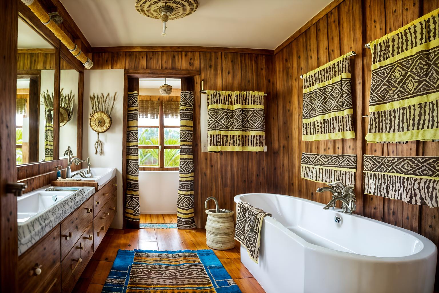 tribal-style (hotel bathroom interior) with bathroom cabinet and mirror and shower and bathroom sink with faucet and bath towel and bathtub and bath rail and waste basket. . with tribal patterns and desert colours and smooth worn timbers and exuberant splashes of colour and hand dyed batik fabrics and tribal revival and animal prints and animal furslinen. . cinematic photo, highly detailed, cinematic lighting, ultra-detailed, ultrarealistic, photorealism, 8k. tribal interior design style. masterpiece, cinematic light, ultrarealistic+, photorealistic+, 8k, raw photo, realistic, sharp focus on eyes, (symmetrical eyes), (intact eyes), hyperrealistic, highest quality, best quality, , highly detailed, masterpiece, best quality, extremely detailed 8k wallpaper, masterpiece, best quality, ultra-detailed, best shadow, detailed background, detailed face, detailed eyes, high contrast, best illumination, detailed face, dulux, caustic, dynamic angle, detailed glow. dramatic lighting. highly detailed, insanely detailed hair, symmetrical, intricate details, professionally retouched, 8k high definition. strong bokeh. award winning photo.