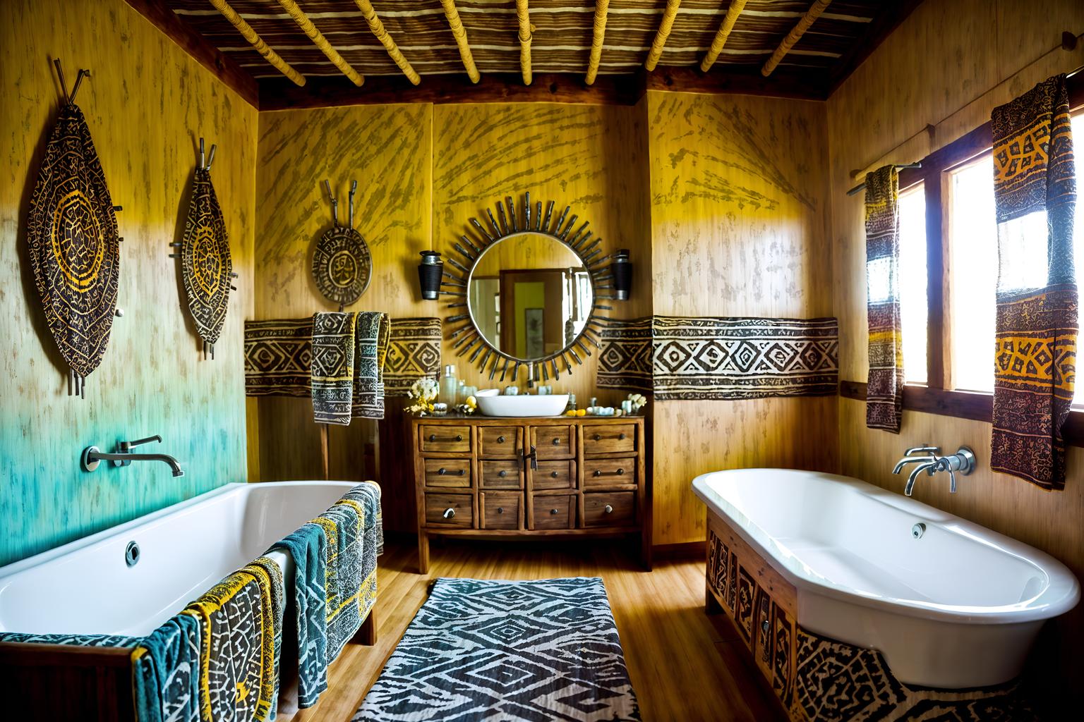 tribal-style (hotel bathroom interior) with bathroom cabinet and mirror and shower and bathroom sink with faucet and bath towel and bathtub and bath rail and waste basket. . with tribal patterns and desert colours and smooth worn timbers and exuberant splashes of colour and hand dyed batik fabrics and tribal revival and animal prints and animal furslinen. . cinematic photo, highly detailed, cinematic lighting, ultra-detailed, ultrarealistic, photorealism, 8k. tribal interior design style. masterpiece, cinematic light, ultrarealistic+, photorealistic+, 8k, raw photo, realistic, sharp focus on eyes, (symmetrical eyes), (intact eyes), hyperrealistic, highest quality, best quality, , highly detailed, masterpiece, best quality, extremely detailed 8k wallpaper, masterpiece, best quality, ultra-detailed, best shadow, detailed background, detailed face, detailed eyes, high contrast, best illumination, detailed face, dulux, caustic, dynamic angle, detailed glow. dramatic lighting. highly detailed, insanely detailed hair, symmetrical, intricate details, professionally retouched, 8k high definition. strong bokeh. award winning photo.