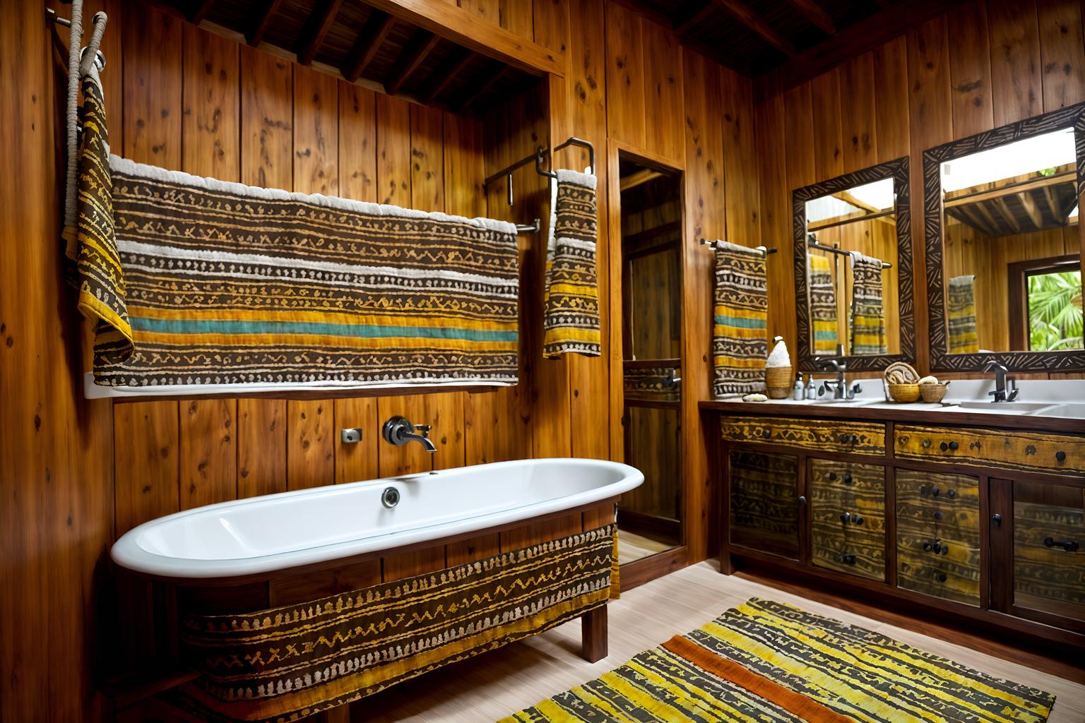 tribal-style (hotel bathroom interior) with bathroom cabinet and mirror and shower and bathroom sink with faucet and bath towel and bathtub and bath rail and waste basket. . with tribal patterns and desert colours and smooth worn timbers and exuberant splashes of colour and hand dyed batik fabrics and tribal revival and animal prints and animal furslinen. . cinematic photo, highly detailed, cinematic lighting, ultra-detailed, ultrarealistic, photorealism, 8k. tribal interior design style. masterpiece, cinematic light, ultrarealistic+, photorealistic+, 8k, raw photo, realistic, sharp focus on eyes, (symmetrical eyes), (intact eyes), hyperrealistic, highest quality, best quality, , highly detailed, masterpiece, best quality, extremely detailed 8k wallpaper, masterpiece, best quality, ultra-detailed, best shadow, detailed background, detailed face, detailed eyes, high contrast, best illumination, detailed face, dulux, caustic, dynamic angle, detailed glow. dramatic lighting. highly detailed, insanely detailed hair, symmetrical, intricate details, professionally retouched, 8k high definition. strong bokeh. award winning photo.