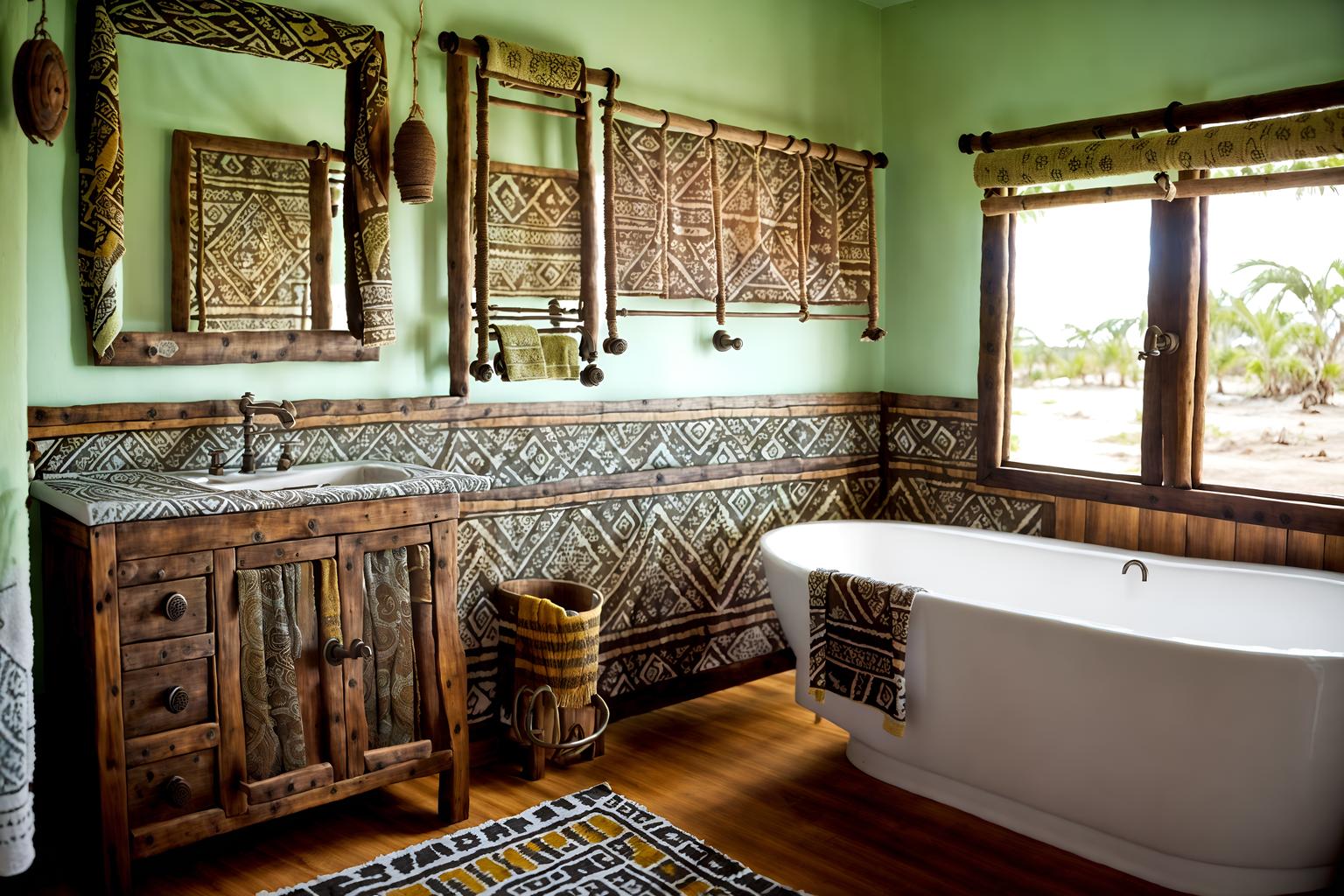 tribal-style (hotel bathroom interior) with bathroom cabinet and mirror and shower and bathroom sink with faucet and bath towel and bathtub and bath rail and waste basket. . with tribal patterns and desert colours and smooth worn timbers and exuberant splashes of colour and hand dyed batik fabrics and tribal revival and animal prints and animal furslinen. . cinematic photo, highly detailed, cinematic lighting, ultra-detailed, ultrarealistic, photorealism, 8k. tribal interior design style. masterpiece, cinematic light, ultrarealistic+, photorealistic+, 8k, raw photo, realistic, sharp focus on eyes, (symmetrical eyes), (intact eyes), hyperrealistic, highest quality, best quality, , highly detailed, masterpiece, best quality, extremely detailed 8k wallpaper, masterpiece, best quality, ultra-detailed, best shadow, detailed background, detailed face, detailed eyes, high contrast, best illumination, detailed face, dulux, caustic, dynamic angle, detailed glow. dramatic lighting. highly detailed, insanely detailed hair, symmetrical, intricate details, professionally retouched, 8k high definition. strong bokeh. award winning photo.