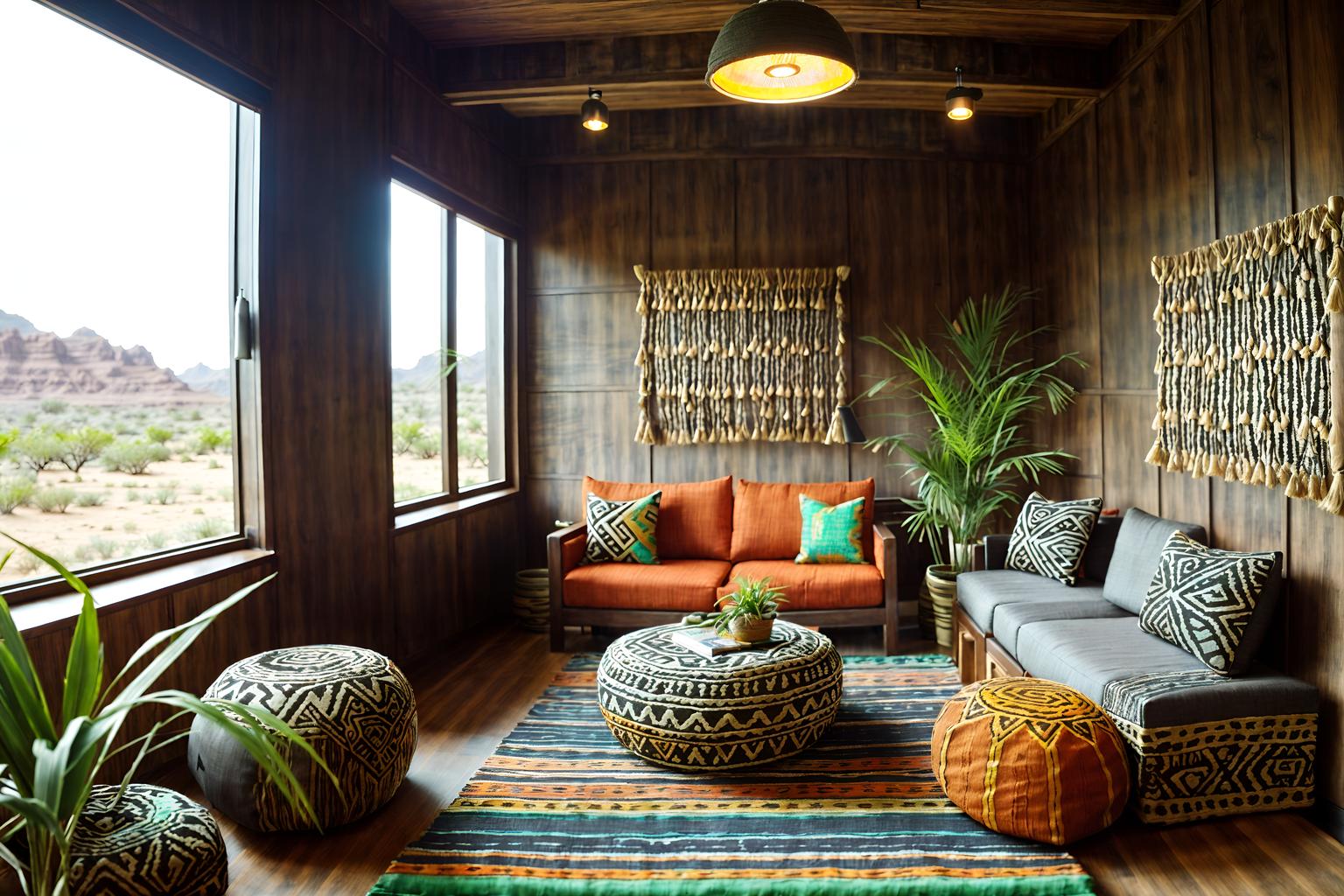 tribal-style (office interior) with cabinets and desk lamps and office desks and plants and computer desks and windows and seating area with sofa and lounge chairs. . with tribal revival and exuberant splashes of colour and intricate grass weaving and desert colours and planks of stone and animal prints and hand dyed batik fabrics and sculptures and artworks. . cinematic photo, highly detailed, cinematic lighting, ultra-detailed, ultrarealistic, photorealism, 8k. tribal interior design style. masterpiece, cinematic light, ultrarealistic+, photorealistic+, 8k, raw photo, realistic, sharp focus on eyes, (symmetrical eyes), (intact eyes), hyperrealistic, highest quality, best quality, , highly detailed, masterpiece, best quality, extremely detailed 8k wallpaper, masterpiece, best quality, ultra-detailed, best shadow, detailed background, detailed face, detailed eyes, high contrast, best illumination, detailed face, dulux, caustic, dynamic angle, detailed glow. dramatic lighting. highly detailed, insanely detailed hair, symmetrical, intricate details, professionally retouched, 8k high definition. strong bokeh. award winning photo.