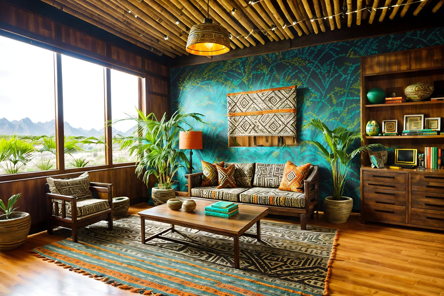 tribal-style (office interior) with cabinets and desk lamps and office desks and plants and computer desks and windows and seating area with sofa and lounge chairs. . with tribal revival and exuberant splashes of colour and intricate grass weaving and desert colours and planks of stone and animal prints and hand dyed batik fabrics and sculptures and artworks. . cinematic photo, highly detailed, cinematic lighting, ultra-detailed, ultrarealistic, photorealism, 8k. tribal interior design style. masterpiece, cinematic light, ultrarealistic+, photorealistic+, 8k, raw photo, realistic, sharp focus on eyes, (symmetrical eyes), (intact eyes), hyperrealistic, highest quality, best quality, , highly detailed, masterpiece, best quality, extremely detailed 8k wallpaper, masterpiece, best quality, ultra-detailed, best shadow, detailed background, detailed face, detailed eyes, high contrast, best illumination, detailed face, dulux, caustic, dynamic angle, detailed glow. dramatic lighting. highly detailed, insanely detailed hair, symmetrical, intricate details, professionally retouched, 8k high definition. strong bokeh. award winning photo.