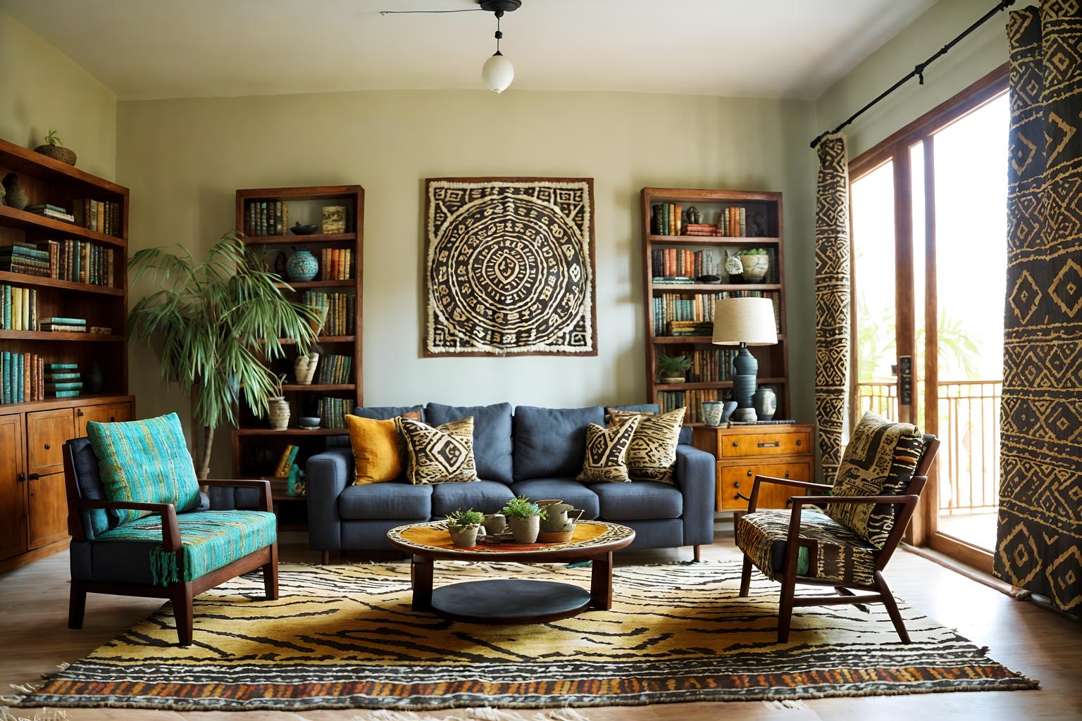 tribal-style (living room interior) with chairs and occasional tables and televisions and bookshelves and rug and coffee tables and sofa and plant. . with animal prints and desert colours and animal furslinen and exuberant splashes of colour and planks of stone and tribal patterns and tribal revival and hand dyed batik fabrics. . cinematic photo, highly detailed, cinematic lighting, ultra-detailed, ultrarealistic, photorealism, 8k. tribal interior design style. masterpiece, cinematic light, ultrarealistic+, photorealistic+, 8k, raw photo, realistic, sharp focus on eyes, (symmetrical eyes), (intact eyes), hyperrealistic, highest quality, best quality, , highly detailed, masterpiece, best quality, extremely detailed 8k wallpaper, masterpiece, best quality, ultra-detailed, best shadow, detailed background, detailed face, detailed eyes, high contrast, best illumination, detailed face, dulux, caustic, dynamic angle, detailed glow. dramatic lighting. highly detailed, insanely detailed hair, symmetrical, intricate details, professionally retouched, 8k high definition. strong bokeh. award winning photo.