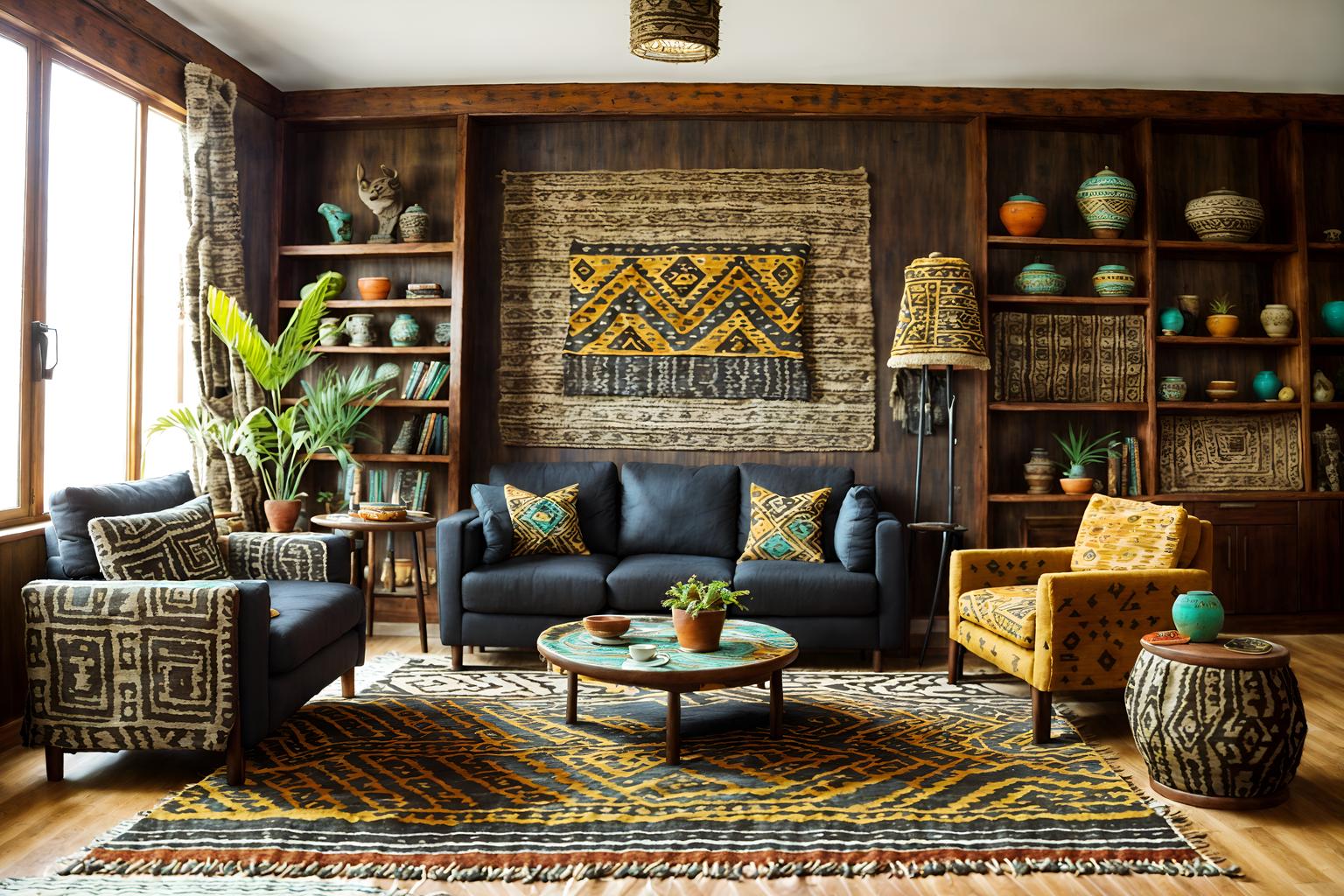 tribal-style (living room interior) with chairs and occasional tables and televisions and bookshelves and rug and coffee tables and sofa and plant. . with animal prints and desert colours and animal furslinen and exuberant splashes of colour and planks of stone and tribal patterns and tribal revival and hand dyed batik fabrics. . cinematic photo, highly detailed, cinematic lighting, ultra-detailed, ultrarealistic, photorealism, 8k. tribal interior design style. masterpiece, cinematic light, ultrarealistic+, photorealistic+, 8k, raw photo, realistic, sharp focus on eyes, (symmetrical eyes), (intact eyes), hyperrealistic, highest quality, best quality, , highly detailed, masterpiece, best quality, extremely detailed 8k wallpaper, masterpiece, best quality, ultra-detailed, best shadow, detailed background, detailed face, detailed eyes, high contrast, best illumination, detailed face, dulux, caustic, dynamic angle, detailed glow. dramatic lighting. highly detailed, insanely detailed hair, symmetrical, intricate details, professionally retouched, 8k high definition. strong bokeh. award winning photo.