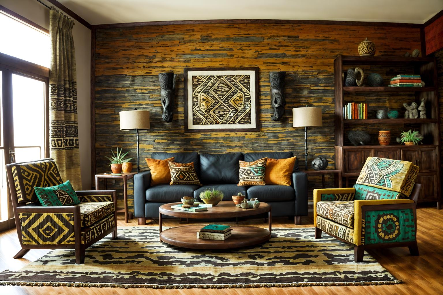 tribal-style (living room interior) with chairs and occasional tables and televisions and bookshelves and rug and coffee tables and sofa and plant. . with animal prints and desert colours and animal furslinen and exuberant splashes of colour and planks of stone and tribal patterns and tribal revival and hand dyed batik fabrics. . cinematic photo, highly detailed, cinematic lighting, ultra-detailed, ultrarealistic, photorealism, 8k. tribal interior design style. masterpiece, cinematic light, ultrarealistic+, photorealistic+, 8k, raw photo, realistic, sharp focus on eyes, (symmetrical eyes), (intact eyes), hyperrealistic, highest quality, best quality, , highly detailed, masterpiece, best quality, extremely detailed 8k wallpaper, masterpiece, best quality, ultra-detailed, best shadow, detailed background, detailed face, detailed eyes, high contrast, best illumination, detailed face, dulux, caustic, dynamic angle, detailed glow. dramatic lighting. highly detailed, insanely detailed hair, symmetrical, intricate details, professionally retouched, 8k high definition. strong bokeh. award winning photo.