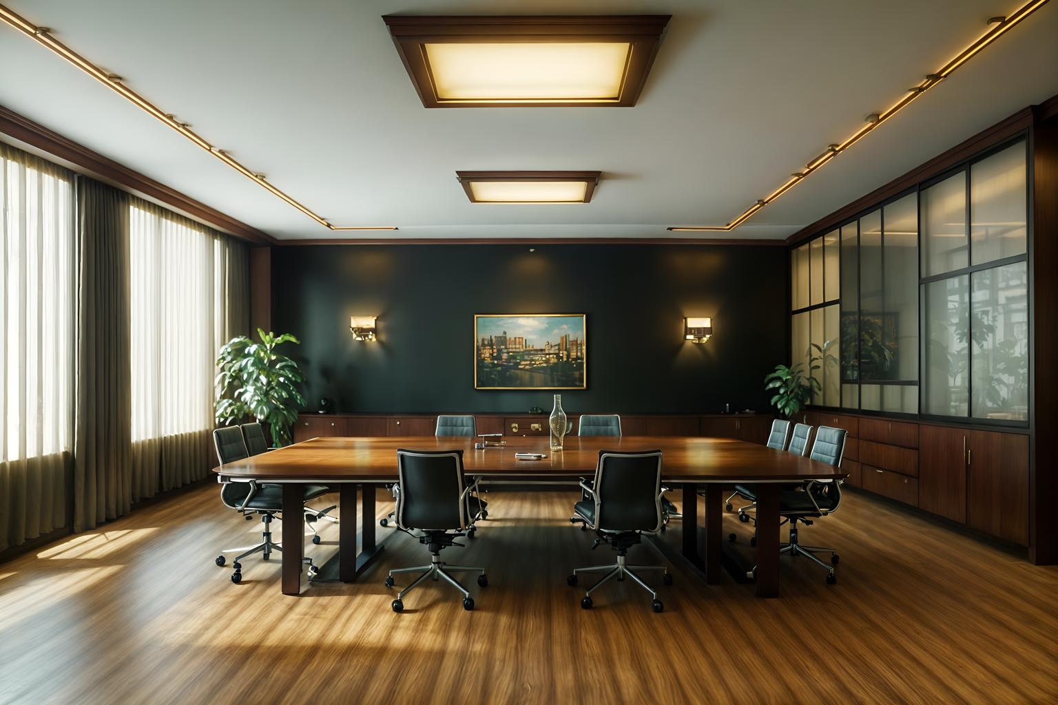 vintage-style (meeting room interior) with boardroom table and vase and painting or photo on wall and glass doors and cabinets and office chairs and glass walls and plant. . with . . cinematic photo, highly detailed, cinematic lighting, ultra-detailed, ultrarealistic, photorealism, 8k. vintage interior design style. masterpiece, cinematic light, ultrarealistic+, photorealistic+, 8k, raw photo, realistic, sharp focus on eyes, (symmetrical eyes), (intact eyes), hyperrealistic, highest quality, best quality, , highly detailed, masterpiece, best quality, extremely detailed 8k wallpaper, masterpiece, best quality, ultra-detailed, best shadow, detailed background, detailed face, detailed eyes, high contrast, best illumination, detailed face, dulux, caustic, dynamic angle, detailed glow. dramatic lighting. highly detailed, insanely detailed hair, symmetrical, intricate details, professionally retouched, 8k high definition. strong bokeh. award winning photo.