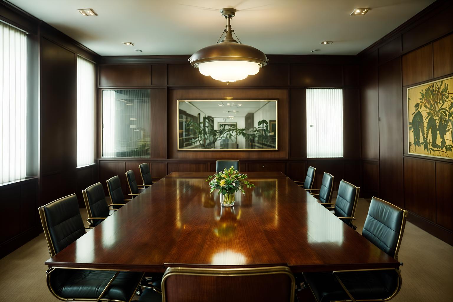 vintage-style (meeting room interior) with boardroom table and vase and painting or photo on wall and glass doors and cabinets and office chairs and glass walls and plant. . with . . cinematic photo, highly detailed, cinematic lighting, ultra-detailed, ultrarealistic, photorealism, 8k. vintage interior design style. masterpiece, cinematic light, ultrarealistic+, photorealistic+, 8k, raw photo, realistic, sharp focus on eyes, (symmetrical eyes), (intact eyes), hyperrealistic, highest quality, best quality, , highly detailed, masterpiece, best quality, extremely detailed 8k wallpaper, masterpiece, best quality, ultra-detailed, best shadow, detailed background, detailed face, detailed eyes, high contrast, best illumination, detailed face, dulux, caustic, dynamic angle, detailed glow. dramatic lighting. highly detailed, insanely detailed hair, symmetrical, intricate details, professionally retouched, 8k high definition. strong bokeh. award winning photo.