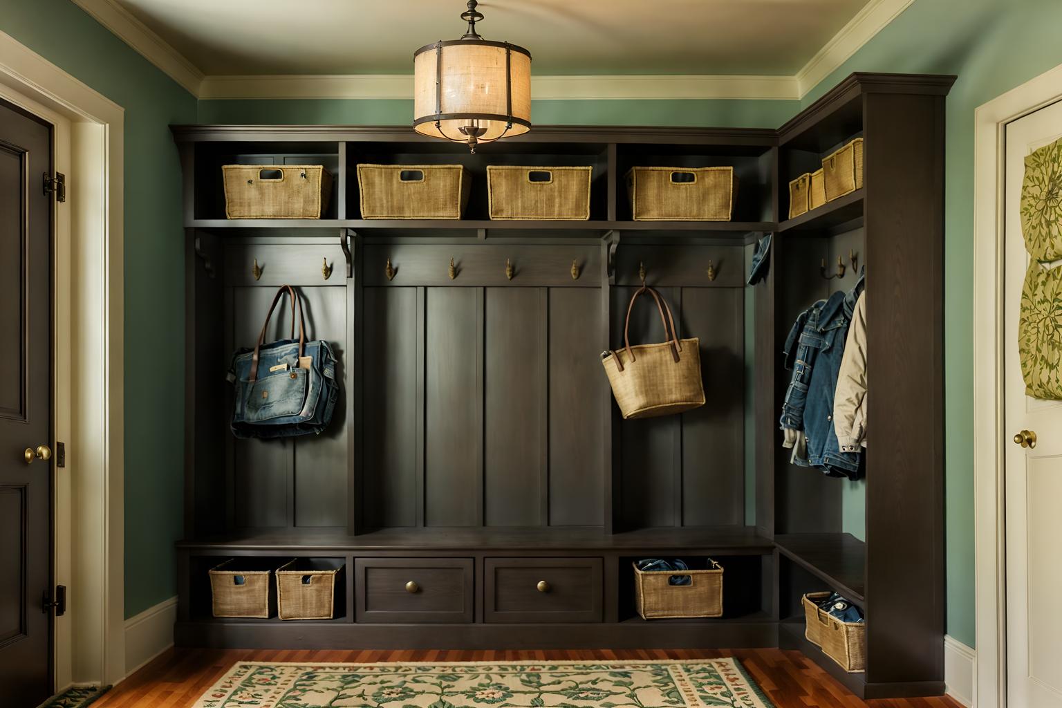 vintage-style (mudroom interior) with cubbies and wall hooks for coats and shelves for shoes and cabinets and a bench and storage baskets and storage drawers and high up storage. . with . . cinematic photo, highly detailed, cinematic lighting, ultra-detailed, ultrarealistic, photorealism, 8k. vintage interior design style. masterpiece, cinematic light, ultrarealistic+, photorealistic+, 8k, raw photo, realistic, sharp focus on eyes, (symmetrical eyes), (intact eyes), hyperrealistic, highest quality, best quality, , highly detailed, masterpiece, best quality, extremely detailed 8k wallpaper, masterpiece, best quality, ultra-detailed, best shadow, detailed background, detailed face, detailed eyes, high contrast, best illumination, detailed face, dulux, caustic, dynamic angle, detailed glow. dramatic lighting. highly detailed, insanely detailed hair, symmetrical, intricate details, professionally retouched, 8k high definition. strong bokeh. award winning photo.