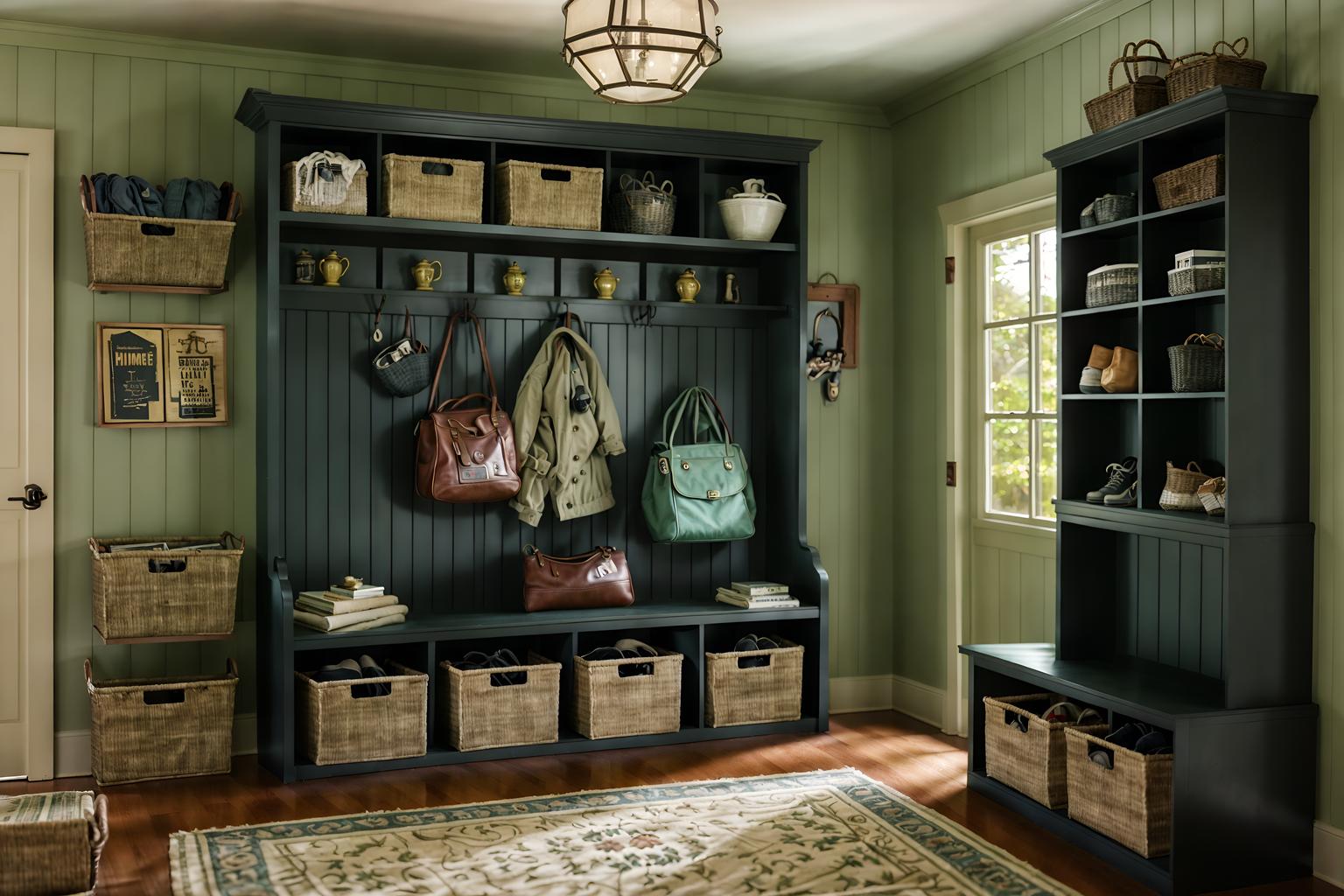 vintage-style (mudroom interior) with cubbies and wall hooks for coats and shelves for shoes and cabinets and a bench and storage baskets and storage drawers and high up storage. . with . . cinematic photo, highly detailed, cinematic lighting, ultra-detailed, ultrarealistic, photorealism, 8k. vintage interior design style. masterpiece, cinematic light, ultrarealistic+, photorealistic+, 8k, raw photo, realistic, sharp focus on eyes, (symmetrical eyes), (intact eyes), hyperrealistic, highest quality, best quality, , highly detailed, masterpiece, best quality, extremely detailed 8k wallpaper, masterpiece, best quality, ultra-detailed, best shadow, detailed background, detailed face, detailed eyes, high contrast, best illumination, detailed face, dulux, caustic, dynamic angle, detailed glow. dramatic lighting. highly detailed, insanely detailed hair, symmetrical, intricate details, professionally retouched, 8k high definition. strong bokeh. award winning photo.