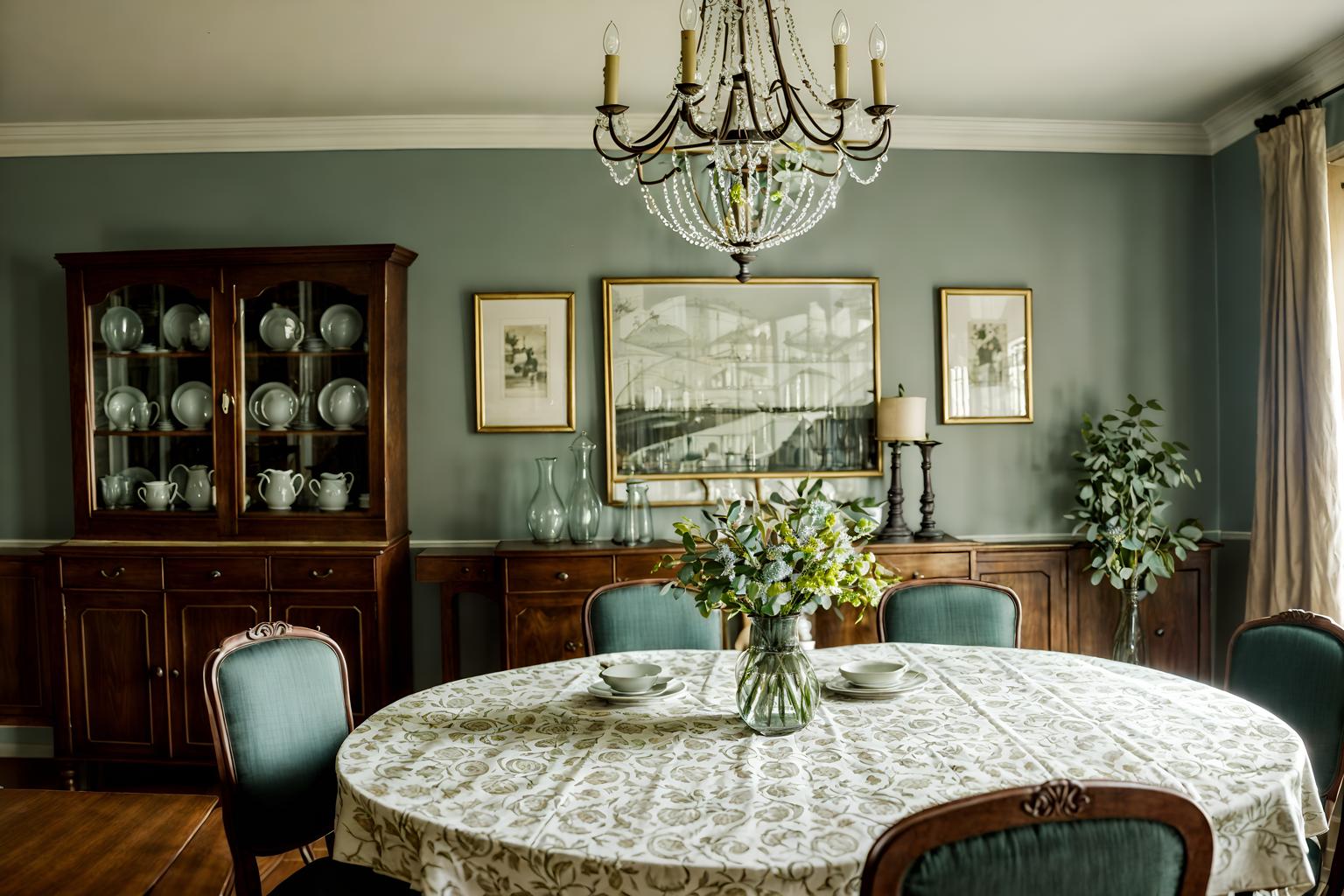 vintage-style (dining room interior) with dining table chairs and vase and plates, cutlery and glasses on dining table and dining table and light or chandelier and bookshelves and table cloth and painting or photo on wall. . with . . cinematic photo, highly detailed, cinematic lighting, ultra-detailed, ultrarealistic, photorealism, 8k. vintage interior design style. masterpiece, cinematic light, ultrarealistic+, photorealistic+, 8k, raw photo, realistic, sharp focus on eyes, (symmetrical eyes), (intact eyes), hyperrealistic, highest quality, best quality, , highly detailed, masterpiece, best quality, extremely detailed 8k wallpaper, masterpiece, best quality, ultra-detailed, best shadow, detailed background, detailed face, detailed eyes, high contrast, best illumination, detailed face, dulux, caustic, dynamic angle, detailed glow. dramatic lighting. highly detailed, insanely detailed hair, symmetrical, intricate details, professionally retouched, 8k high definition. strong bokeh. award winning photo.