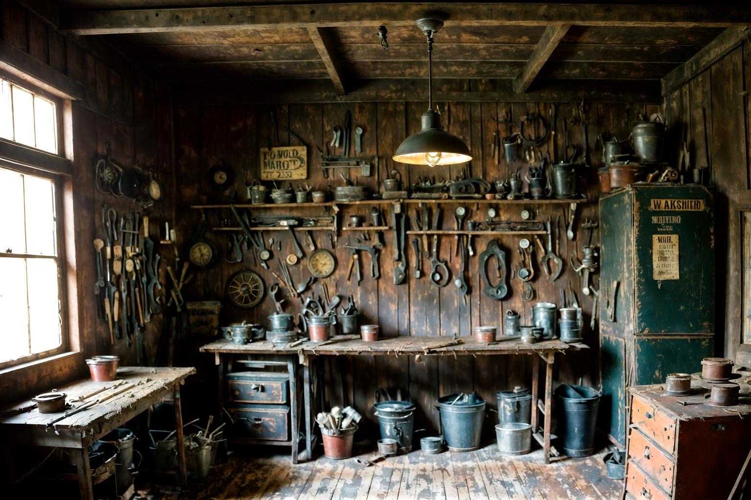 vintage-style (workshop interior) with messy and wooden workbench and tool wall and messy. . with . . cinematic photo, highly detailed, cinematic lighting, ultra-detailed, ultrarealistic, photorealism, 8k. vintage interior design style. masterpiece, cinematic light, ultrarealistic+, photorealistic+, 8k, raw photo, realistic, sharp focus on eyes, (symmetrical eyes), (intact eyes), hyperrealistic, highest quality, best quality, , highly detailed, masterpiece, best quality, extremely detailed 8k wallpaper, masterpiece, best quality, ultra-detailed, best shadow, detailed background, detailed face, detailed eyes, high contrast, best illumination, detailed face, dulux, caustic, dynamic angle, detailed glow. dramatic lighting. highly detailed, insanely detailed hair, symmetrical, intricate details, professionally retouched, 8k high definition. strong bokeh. award winning photo.