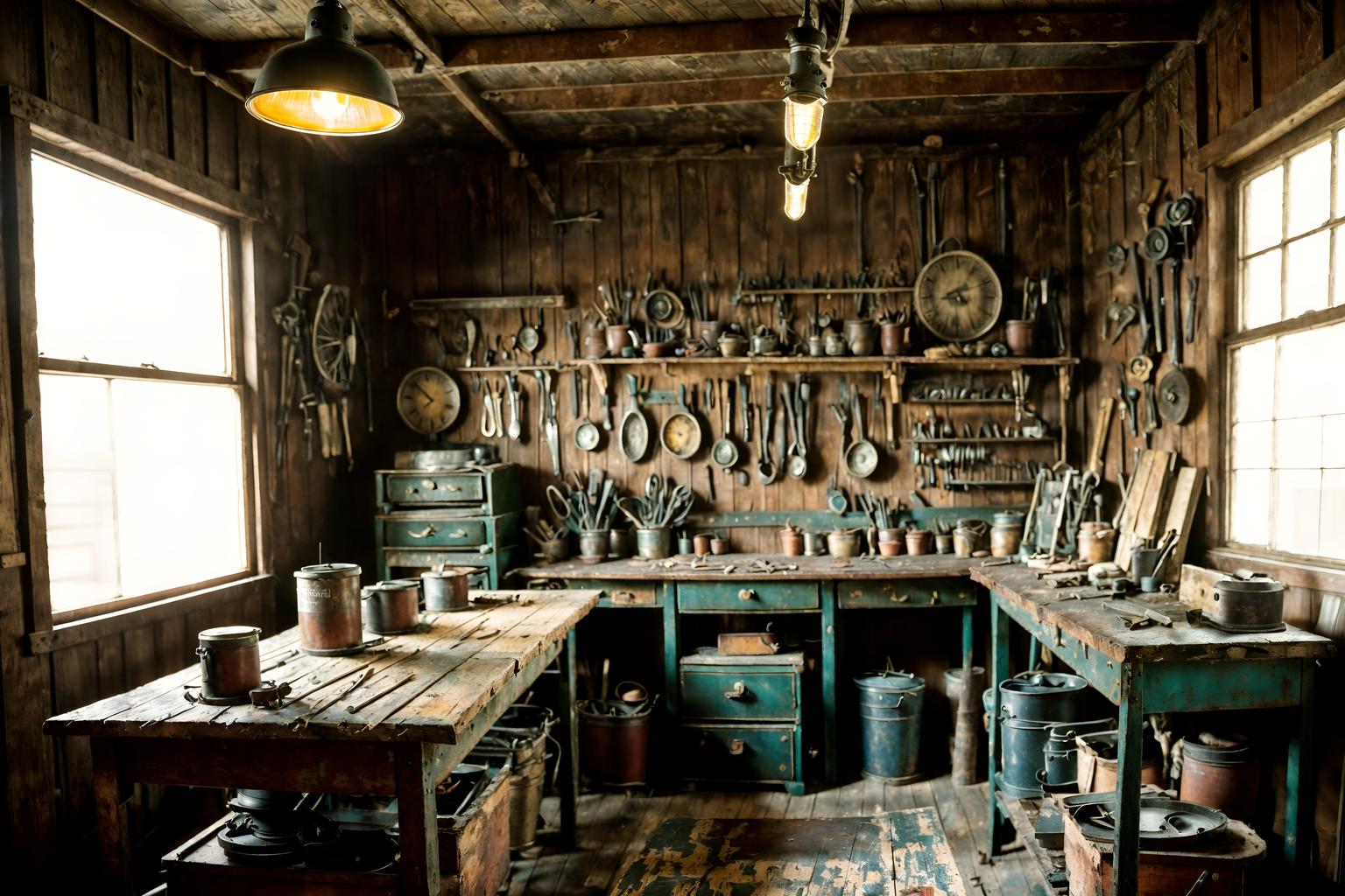 vintage-style (workshop interior) with messy and wooden workbench and tool wall and messy. . with . . cinematic photo, highly detailed, cinematic lighting, ultra-detailed, ultrarealistic, photorealism, 8k. vintage interior design style. masterpiece, cinematic light, ultrarealistic+, photorealistic+, 8k, raw photo, realistic, sharp focus on eyes, (symmetrical eyes), (intact eyes), hyperrealistic, highest quality, best quality, , highly detailed, masterpiece, best quality, extremely detailed 8k wallpaper, masterpiece, best quality, ultra-detailed, best shadow, detailed background, detailed face, detailed eyes, high contrast, best illumination, detailed face, dulux, caustic, dynamic angle, detailed glow. dramatic lighting. highly detailed, insanely detailed hair, symmetrical, intricate details, professionally retouched, 8k high definition. strong bokeh. award winning photo.