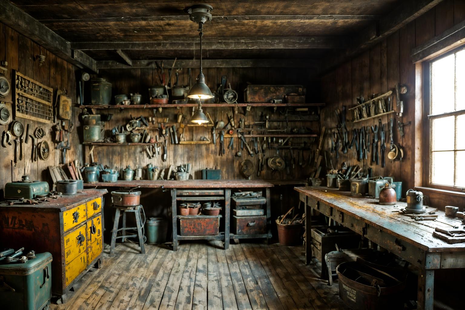 vintage-style (workshop interior) with messy and wooden workbench and tool wall and messy. . with . . cinematic photo, highly detailed, cinematic lighting, ultra-detailed, ultrarealistic, photorealism, 8k. vintage interior design style. masterpiece, cinematic light, ultrarealistic+, photorealistic+, 8k, raw photo, realistic, sharp focus on eyes, (symmetrical eyes), (intact eyes), hyperrealistic, highest quality, best quality, , highly detailed, masterpiece, best quality, extremely detailed 8k wallpaper, masterpiece, best quality, ultra-detailed, best shadow, detailed background, detailed face, detailed eyes, high contrast, best illumination, detailed face, dulux, caustic, dynamic angle, detailed glow. dramatic lighting. highly detailed, insanely detailed hair, symmetrical, intricate details, professionally retouched, 8k high definition. strong bokeh. award winning photo.