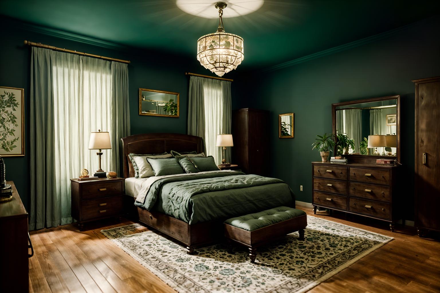 vintage-style (bedroom interior) with bedside table or night stand and plant and dresser closet and headboard and accent chair and mirror and storage bench or ottoman and night light. . with . . cinematic photo, highly detailed, cinematic lighting, ultra-detailed, ultrarealistic, photorealism, 8k. vintage interior design style. masterpiece, cinematic light, ultrarealistic+, photorealistic+, 8k, raw photo, realistic, sharp focus on eyes, (symmetrical eyes), (intact eyes), hyperrealistic, highest quality, best quality, , highly detailed, masterpiece, best quality, extremely detailed 8k wallpaper, masterpiece, best quality, ultra-detailed, best shadow, detailed background, detailed face, detailed eyes, high contrast, best illumination, detailed face, dulux, caustic, dynamic angle, detailed glow. dramatic lighting. highly detailed, insanely detailed hair, symmetrical, intricate details, professionally retouched, 8k high definition. strong bokeh. award winning photo.