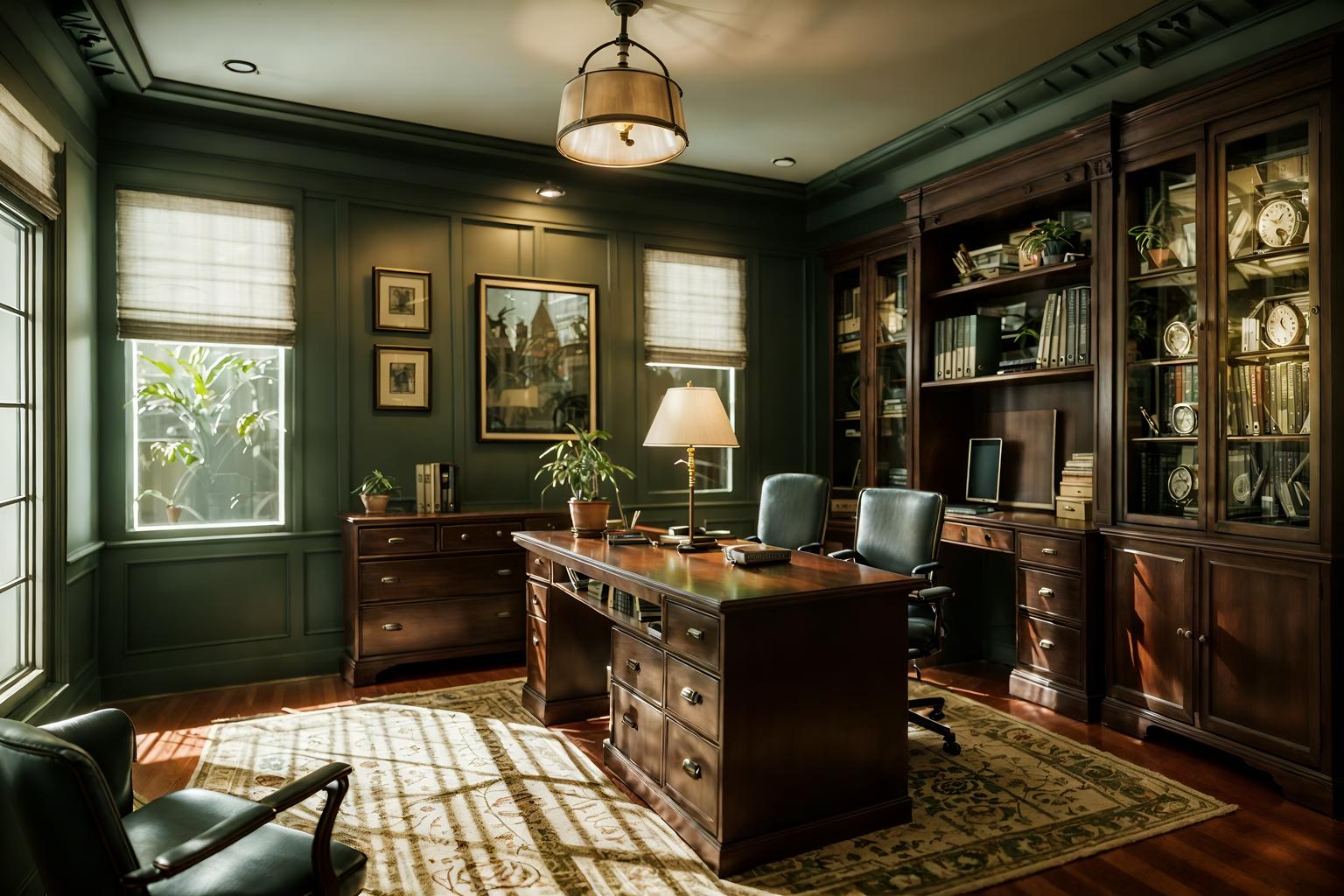 vintage-style (home office interior) with cabinets and computer desk and office chair and plant and desk lamp and cabinets. . with . . cinematic photo, highly detailed, cinematic lighting, ultra-detailed, ultrarealistic, photorealism, 8k. vintage interior design style. masterpiece, cinematic light, ultrarealistic+, photorealistic+, 8k, raw photo, realistic, sharp focus on eyes, (symmetrical eyes), (intact eyes), hyperrealistic, highest quality, best quality, , highly detailed, masterpiece, best quality, extremely detailed 8k wallpaper, masterpiece, best quality, ultra-detailed, best shadow, detailed background, detailed face, detailed eyes, high contrast, best illumination, detailed face, dulux, caustic, dynamic angle, detailed glow. dramatic lighting. highly detailed, insanely detailed hair, symmetrical, intricate details, professionally retouched, 8k high definition. strong bokeh. award winning photo.