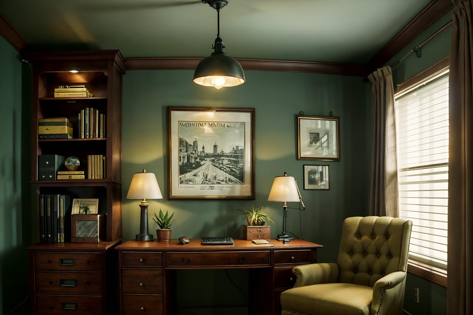vintage-style (home office interior) with cabinets and computer desk and office chair and plant and desk lamp and cabinets. . with . . cinematic photo, highly detailed, cinematic lighting, ultra-detailed, ultrarealistic, photorealism, 8k. vintage interior design style. masterpiece, cinematic light, ultrarealistic+, photorealistic+, 8k, raw photo, realistic, sharp focus on eyes, (symmetrical eyes), (intact eyes), hyperrealistic, highest quality, best quality, , highly detailed, masterpiece, best quality, extremely detailed 8k wallpaper, masterpiece, best quality, ultra-detailed, best shadow, detailed background, detailed face, detailed eyes, high contrast, best illumination, detailed face, dulux, caustic, dynamic angle, detailed glow. dramatic lighting. highly detailed, insanely detailed hair, symmetrical, intricate details, professionally retouched, 8k high definition. strong bokeh. award winning photo.