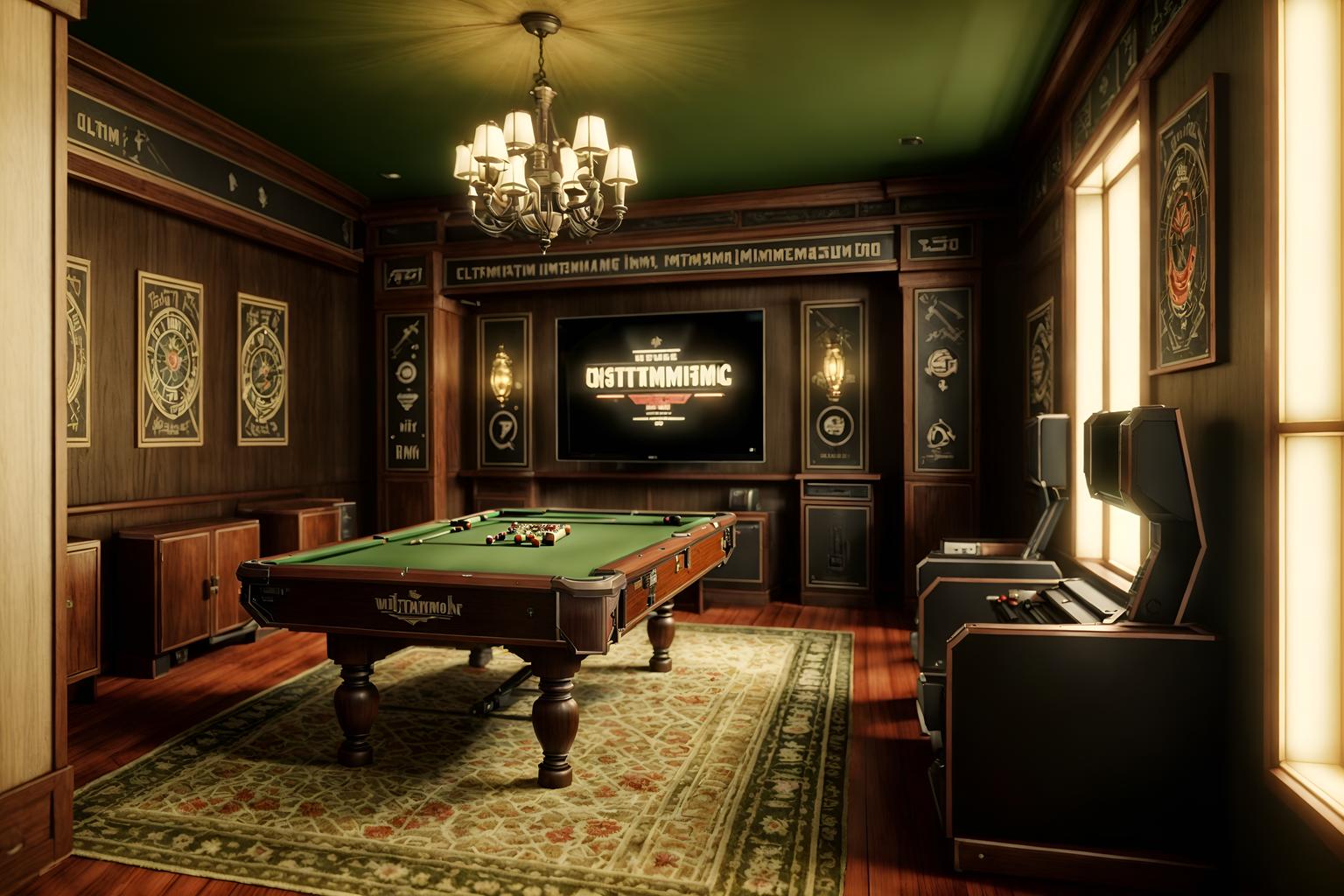 vintage-style (gaming room interior) . with . . cinematic photo, highly detailed, cinematic lighting, ultra-detailed, ultrarealistic, photorealism, 8k. vintage interior design style. masterpiece, cinematic light, ultrarealistic+, photorealistic+, 8k, raw photo, realistic, sharp focus on eyes, (symmetrical eyes), (intact eyes), hyperrealistic, highest quality, best quality, , highly detailed, masterpiece, best quality, extremely detailed 8k wallpaper, masterpiece, best quality, ultra-detailed, best shadow, detailed background, detailed face, detailed eyes, high contrast, best illumination, detailed face, dulux, caustic, dynamic angle, detailed glow. dramatic lighting. highly detailed, insanely detailed hair, symmetrical, intricate details, professionally retouched, 8k high definition. strong bokeh. award winning photo.