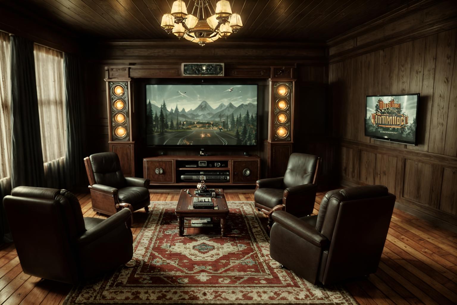 vintage-style (gaming room interior) . with . . cinematic photo, highly detailed, cinematic lighting, ultra-detailed, ultrarealistic, photorealism, 8k. vintage interior design style. masterpiece, cinematic light, ultrarealistic+, photorealistic+, 8k, raw photo, realistic, sharp focus on eyes, (symmetrical eyes), (intact eyes), hyperrealistic, highest quality, best quality, , highly detailed, masterpiece, best quality, extremely detailed 8k wallpaper, masterpiece, best quality, ultra-detailed, best shadow, detailed background, detailed face, detailed eyes, high contrast, best illumination, detailed face, dulux, caustic, dynamic angle, detailed glow. dramatic lighting. highly detailed, insanely detailed hair, symmetrical, intricate details, professionally retouched, 8k high definition. strong bokeh. award winning photo.