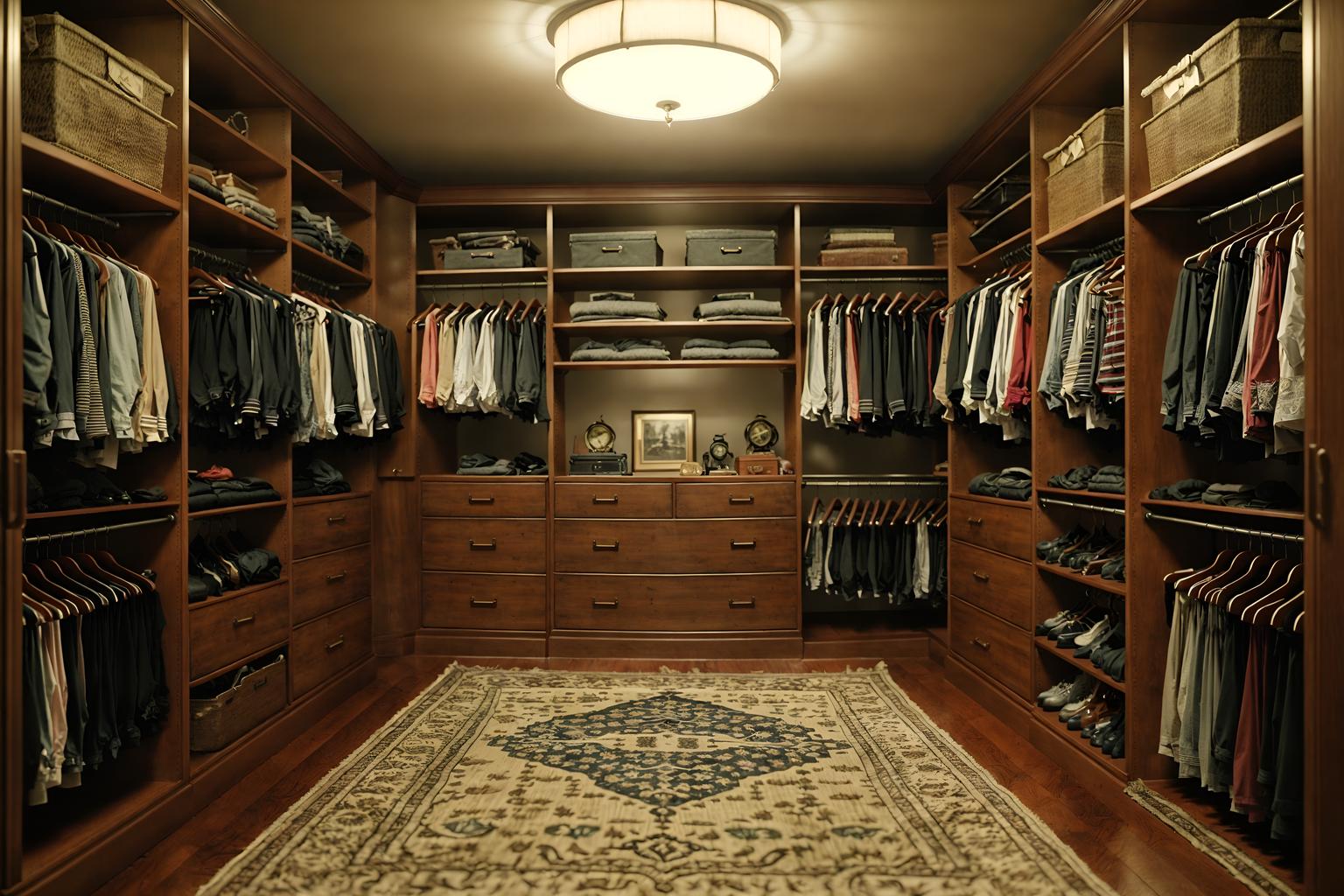 vintage-style (walk in closet interior) . with . . cinematic photo, highly detailed, cinematic lighting, ultra-detailed, ultrarealistic, photorealism, 8k. vintage interior design style. masterpiece, cinematic light, ultrarealistic+, photorealistic+, 8k, raw photo, realistic, sharp focus on eyes, (symmetrical eyes), (intact eyes), hyperrealistic, highest quality, best quality, , highly detailed, masterpiece, best quality, extremely detailed 8k wallpaper, masterpiece, best quality, ultra-detailed, best shadow, detailed background, detailed face, detailed eyes, high contrast, best illumination, detailed face, dulux, caustic, dynamic angle, detailed glow. dramatic lighting. highly detailed, insanely detailed hair, symmetrical, intricate details, professionally retouched, 8k high definition. strong bokeh. award winning photo.