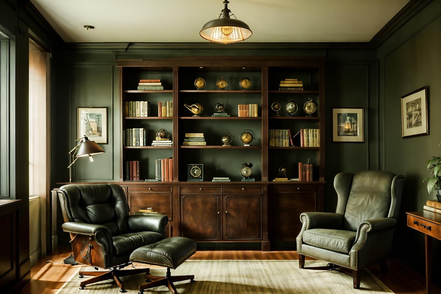 vintage-style (study room interior) with lounge chair and office chair and bookshelves and desk lamp and cabinets and plant and writing desk and lounge chair. . with . . cinematic photo, highly detailed, cinematic lighting, ultra-detailed, ultrarealistic, photorealism, 8k. vintage interior design style. masterpiece, cinematic light, ultrarealistic+, photorealistic+, 8k, raw photo, realistic, sharp focus on eyes, (symmetrical eyes), (intact eyes), hyperrealistic, highest quality, best quality, , highly detailed, masterpiece, best quality, extremely detailed 8k wallpaper, masterpiece, best quality, ultra-detailed, best shadow, detailed background, detailed face, detailed eyes, high contrast, best illumination, detailed face, dulux, caustic, dynamic angle, detailed glow. dramatic lighting. highly detailed, insanely detailed hair, symmetrical, intricate details, professionally retouched, 8k high definition. strong bokeh. award winning photo.