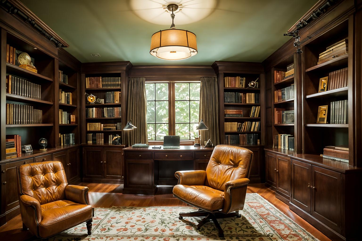 vintage-style (study room interior) with lounge chair and office chair and bookshelves and desk lamp and cabinets and plant and writing desk and lounge chair. . with . . cinematic photo, highly detailed, cinematic lighting, ultra-detailed, ultrarealistic, photorealism, 8k. vintage interior design style. masterpiece, cinematic light, ultrarealistic+, photorealistic+, 8k, raw photo, realistic, sharp focus on eyes, (symmetrical eyes), (intact eyes), hyperrealistic, highest quality, best quality, , highly detailed, masterpiece, best quality, extremely detailed 8k wallpaper, masterpiece, best quality, ultra-detailed, best shadow, detailed background, detailed face, detailed eyes, high contrast, best illumination, detailed face, dulux, caustic, dynamic angle, detailed glow. dramatic lighting. highly detailed, insanely detailed hair, symmetrical, intricate details, professionally retouched, 8k high definition. strong bokeh. award winning photo.