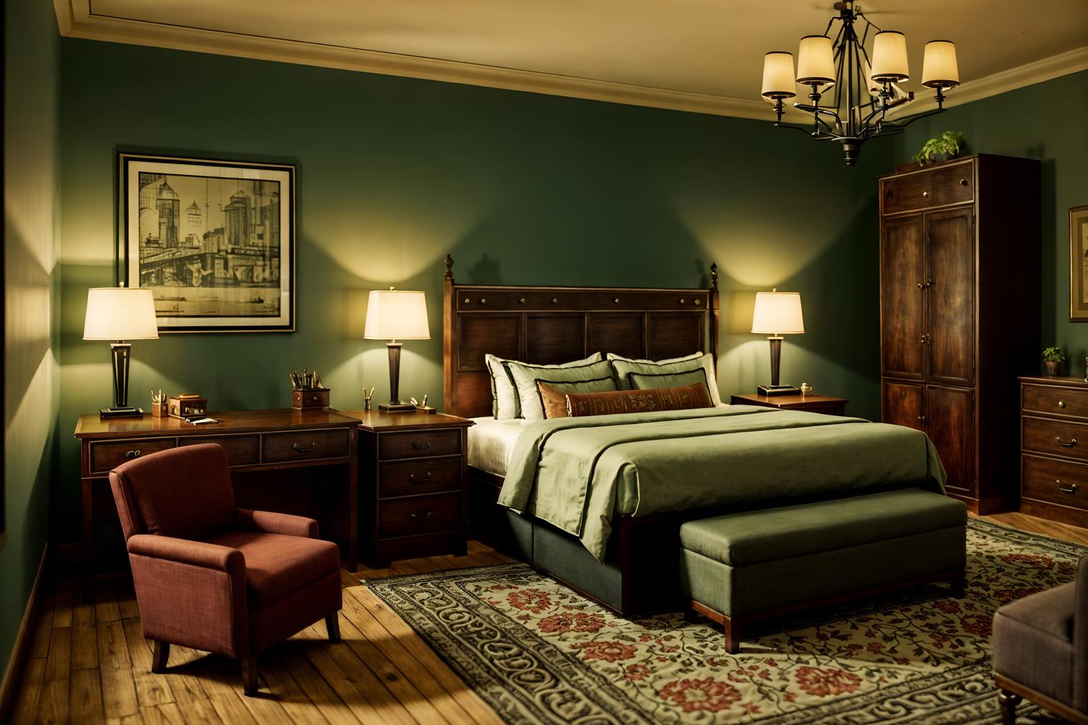 vintage-style (hotel room interior) with bed and hotel bathroom and storage bench or ottoman and headboard and dresser closet and plant and working desk with desk chair and accent chair. . with . . cinematic photo, highly detailed, cinematic lighting, ultra-detailed, ultrarealistic, photorealism, 8k. vintage interior design style. masterpiece, cinematic light, ultrarealistic+, photorealistic+, 8k, raw photo, realistic, sharp focus on eyes, (symmetrical eyes), (intact eyes), hyperrealistic, highest quality, best quality, , highly detailed, masterpiece, best quality, extremely detailed 8k wallpaper, masterpiece, best quality, ultra-detailed, best shadow, detailed background, detailed face, detailed eyes, high contrast, best illumination, detailed face, dulux, caustic, dynamic angle, detailed glow. dramatic lighting. highly detailed, insanely detailed hair, symmetrical, intricate details, professionally retouched, 8k high definition. strong bokeh. award winning photo.