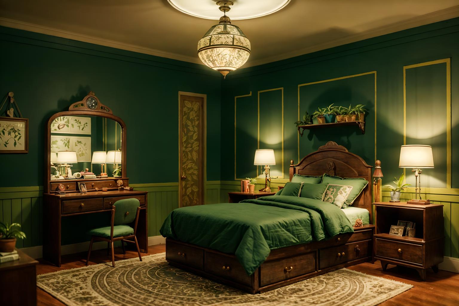 vintage-style (kids room interior) with plant and headboard and night light and bed and storage bench or ottoman and kids desk and bedside table or night stand and mirror. . with . . cinematic photo, highly detailed, cinematic lighting, ultra-detailed, ultrarealistic, photorealism, 8k. vintage interior design style. masterpiece, cinematic light, ultrarealistic+, photorealistic+, 8k, raw photo, realistic, sharp focus on eyes, (symmetrical eyes), (intact eyes), hyperrealistic, highest quality, best quality, , highly detailed, masterpiece, best quality, extremely detailed 8k wallpaper, masterpiece, best quality, ultra-detailed, best shadow, detailed background, detailed face, detailed eyes, high contrast, best illumination, detailed face, dulux, caustic, dynamic angle, detailed glow. dramatic lighting. highly detailed, insanely detailed hair, symmetrical, intricate details, professionally retouched, 8k high definition. strong bokeh. award winning photo.